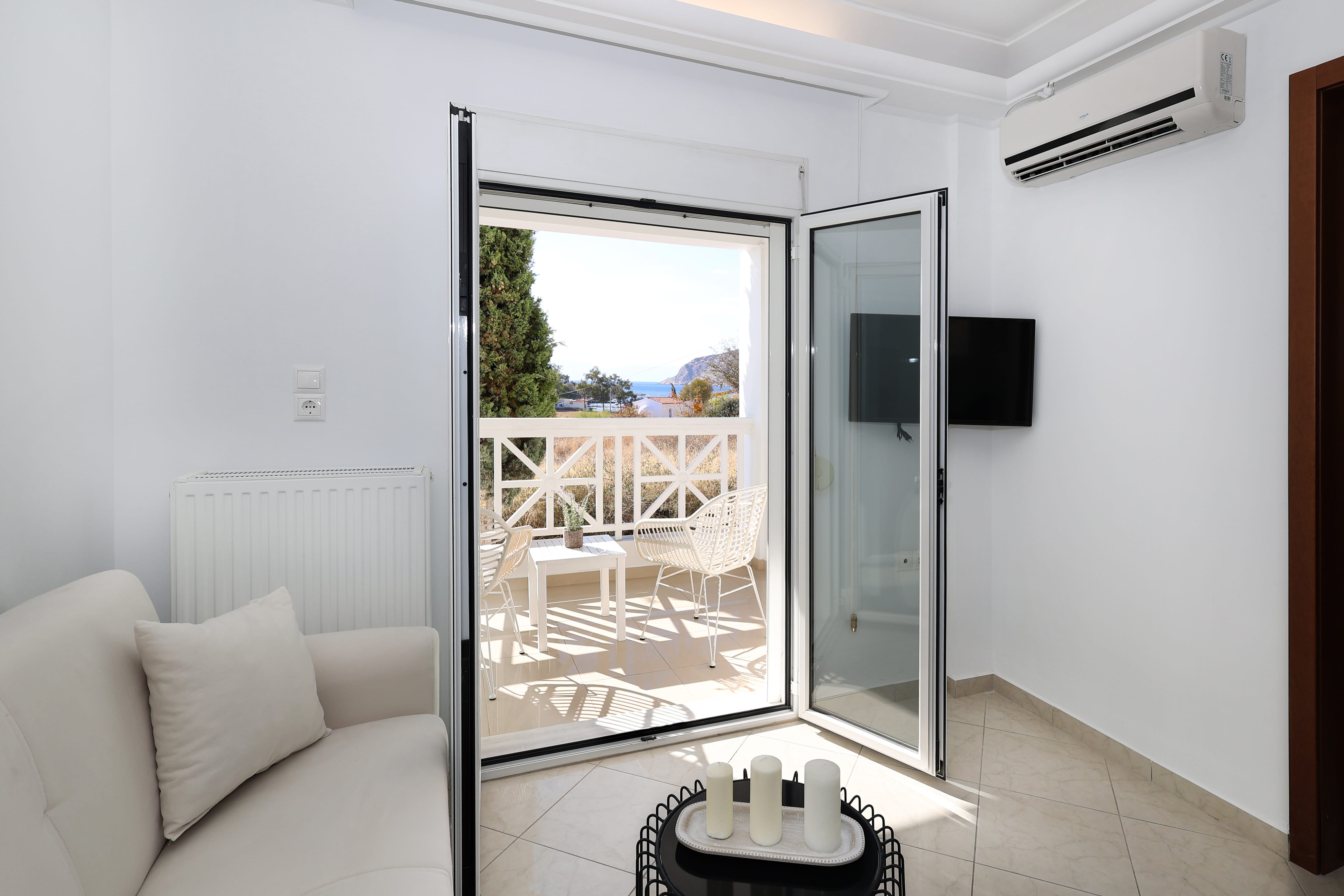 a room with a glass door