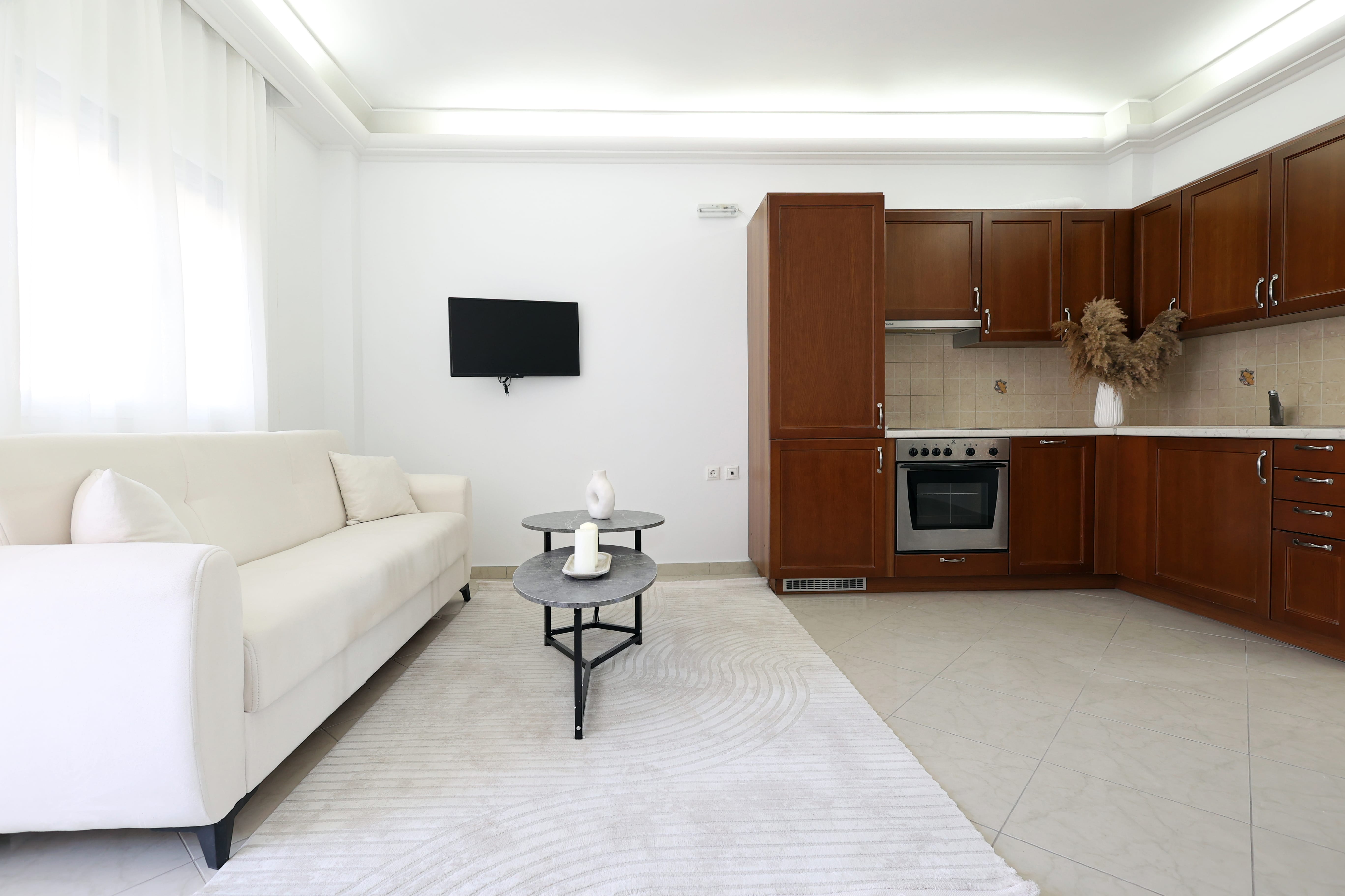 a living room with a white couch