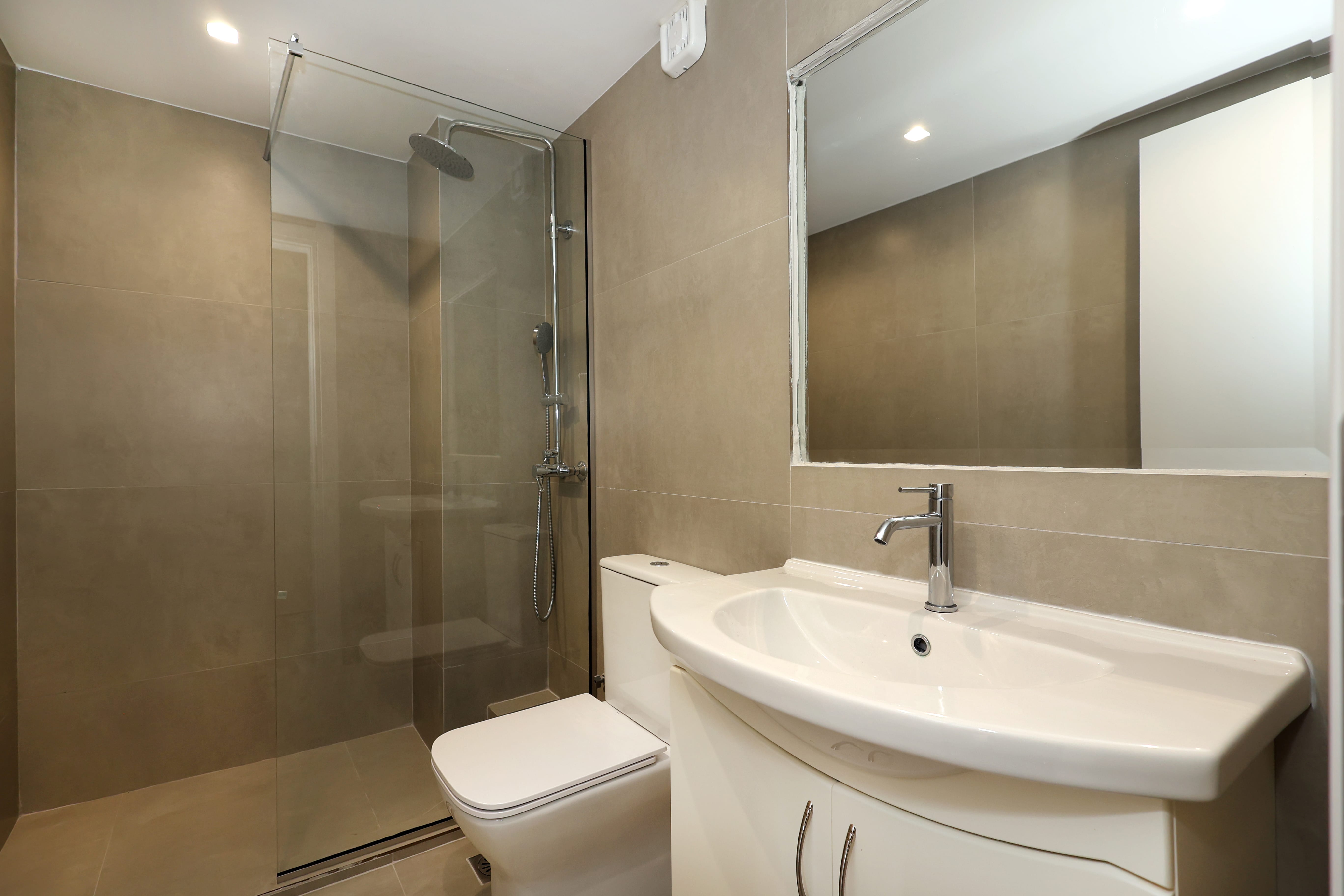 a bathroom with a glass shower