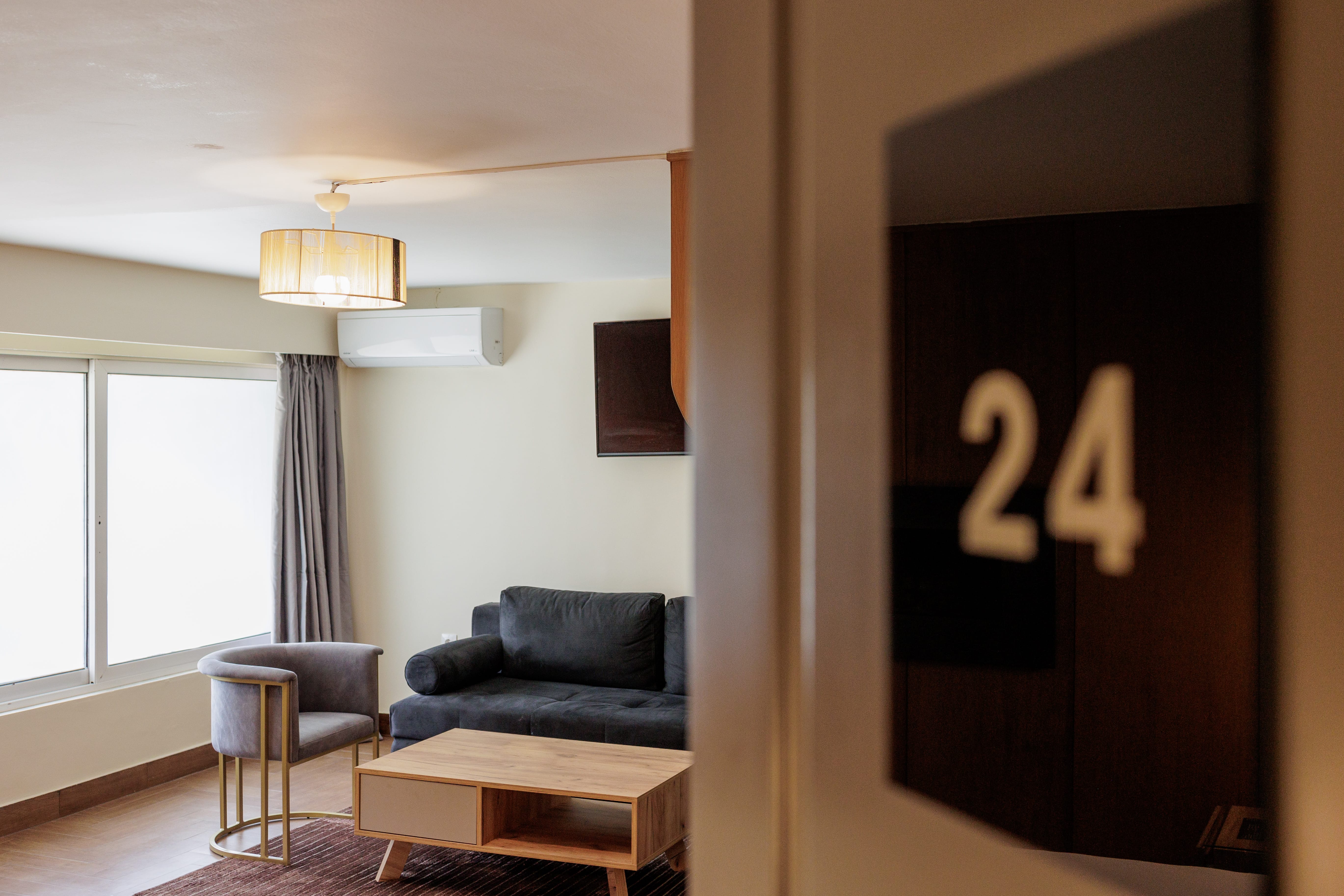 a room with a couch and a table