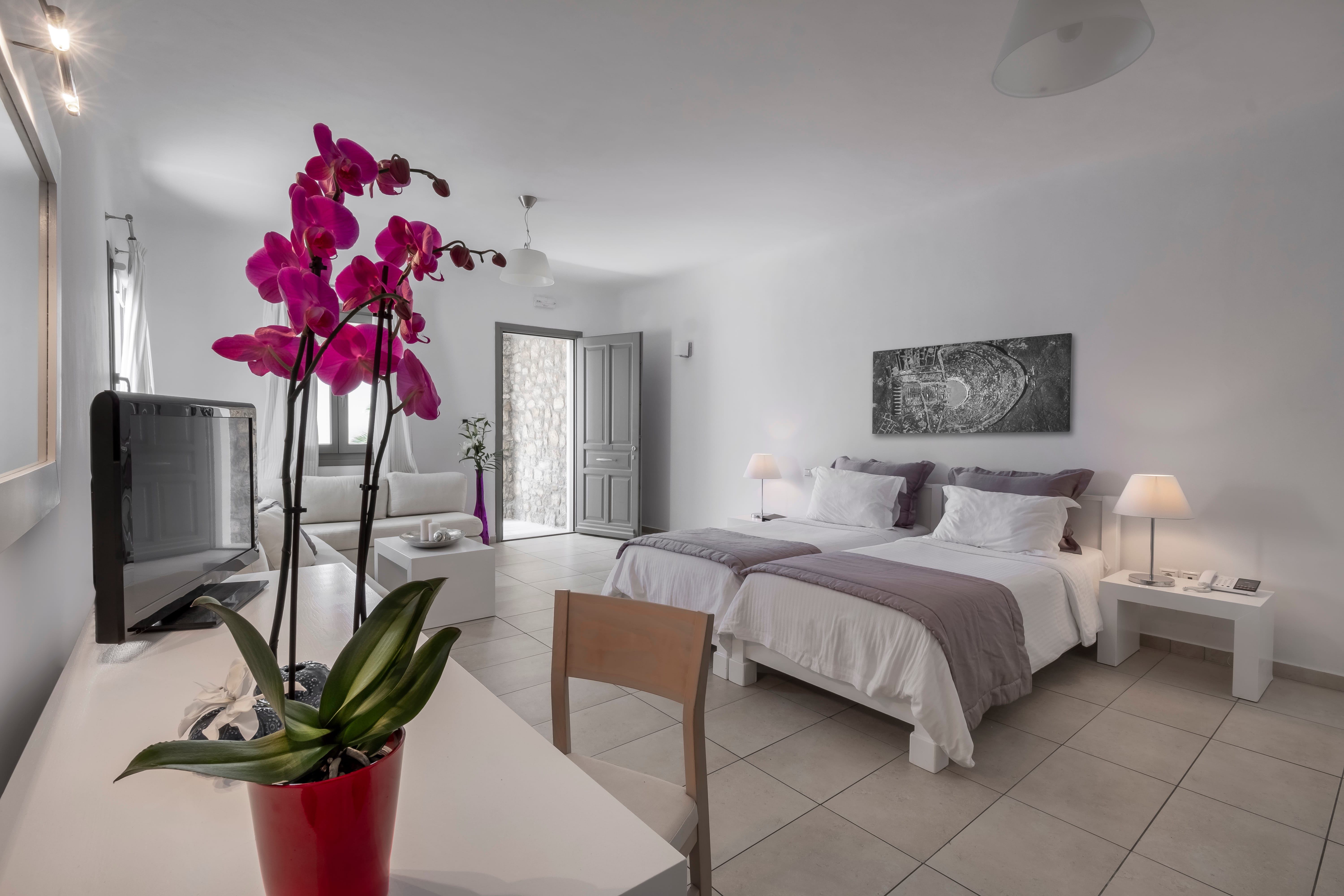 a bedroom with a bed and a television