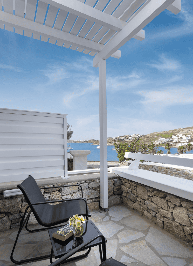 a patio with a table and chairs