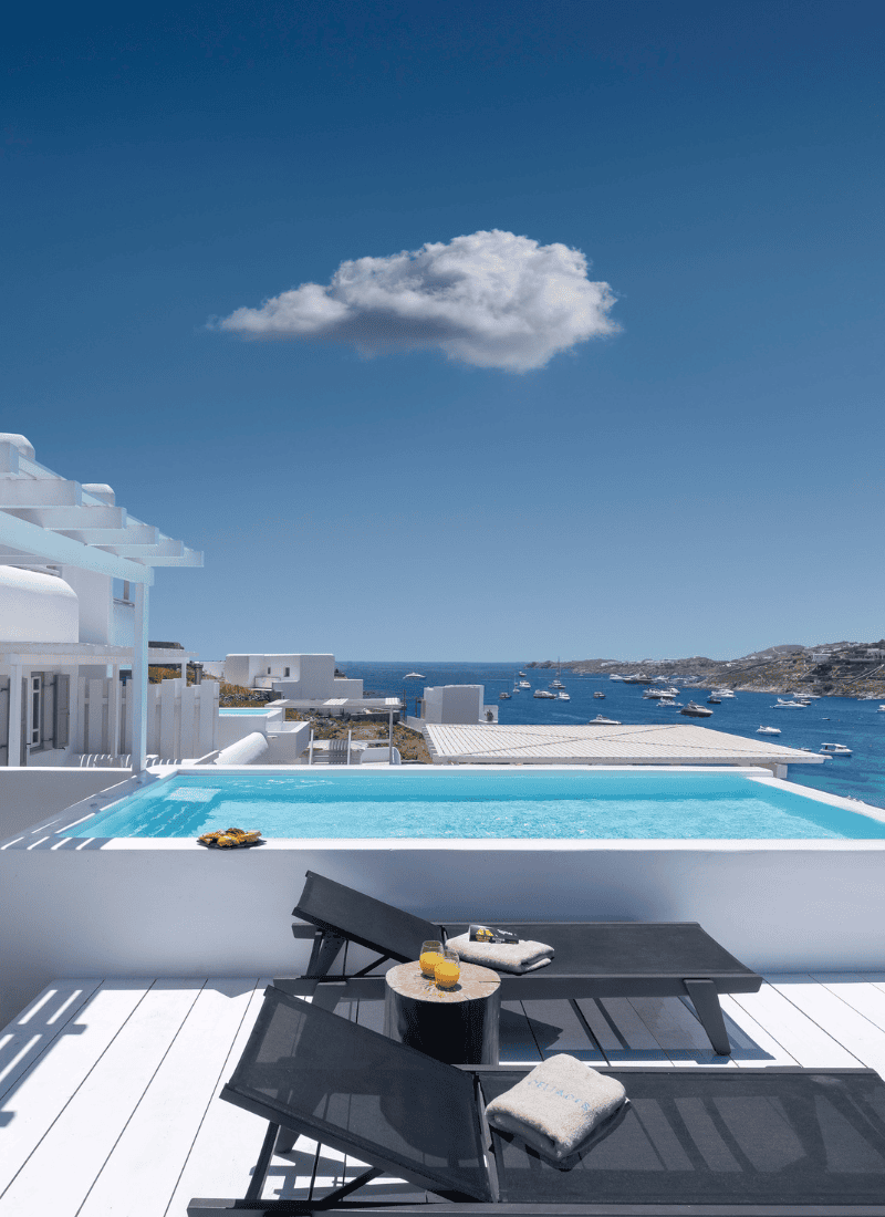 a pool with a view of the ocean and buildings