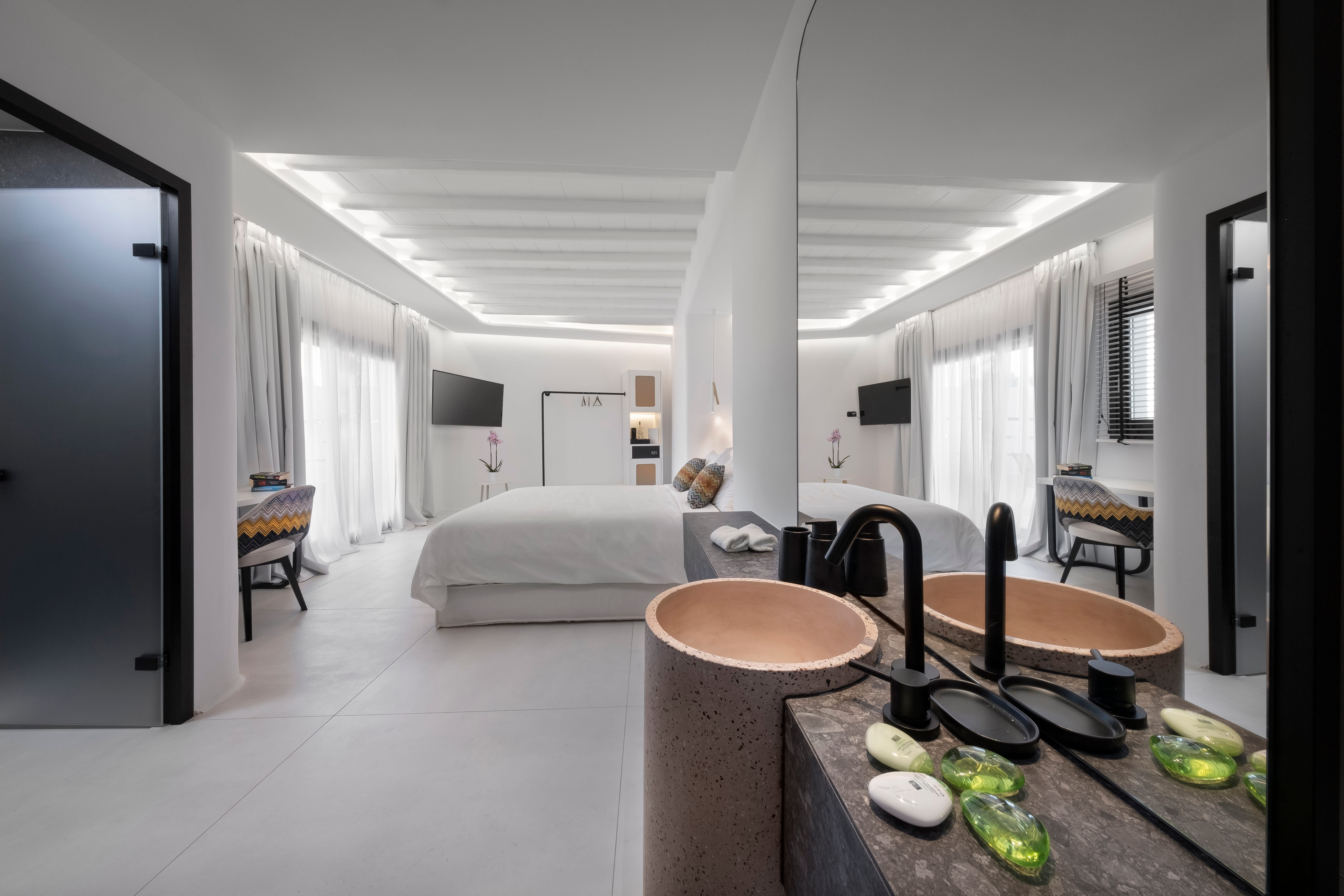 a room with a bed and a table