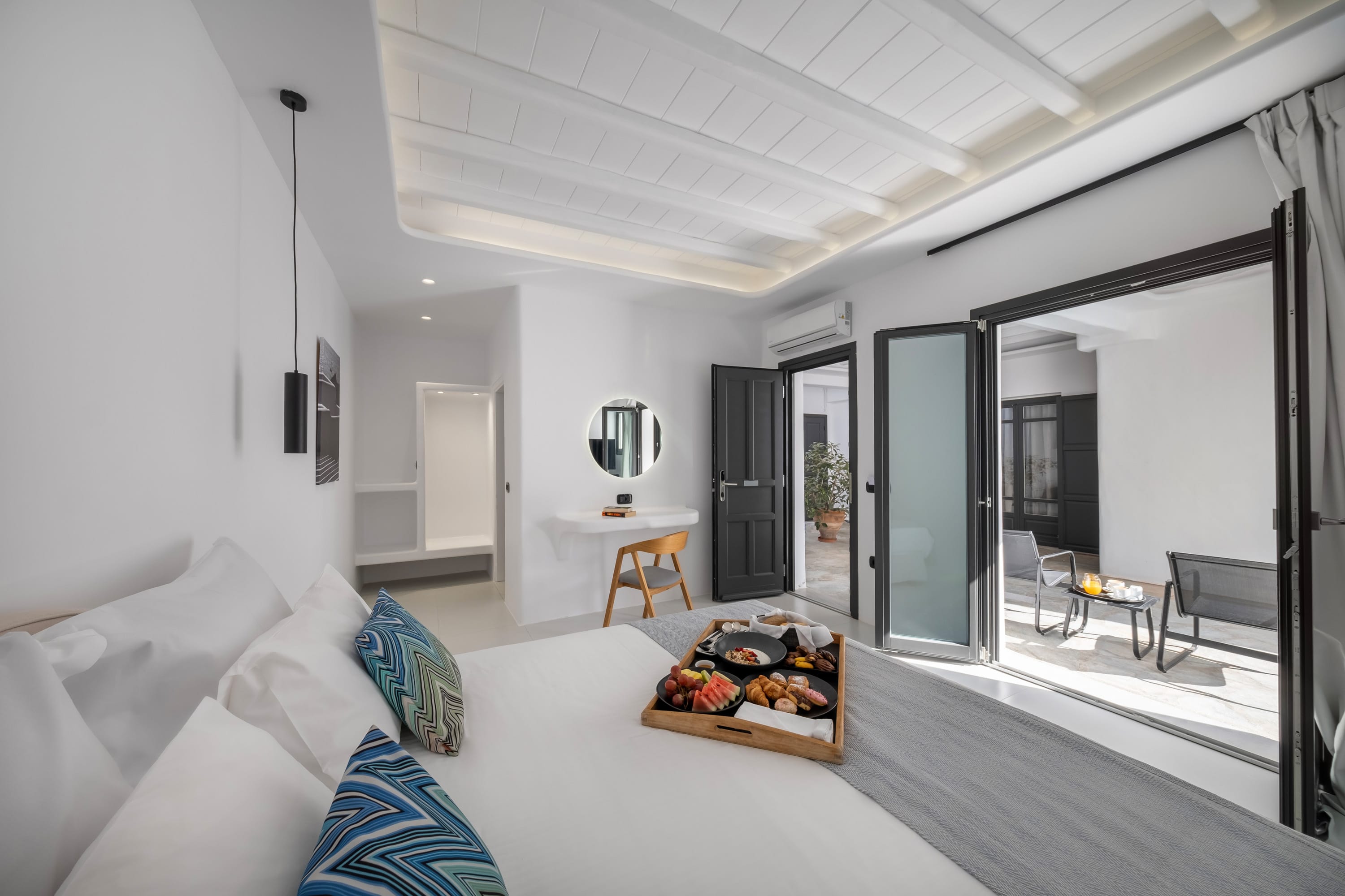 a living room with a large glass door