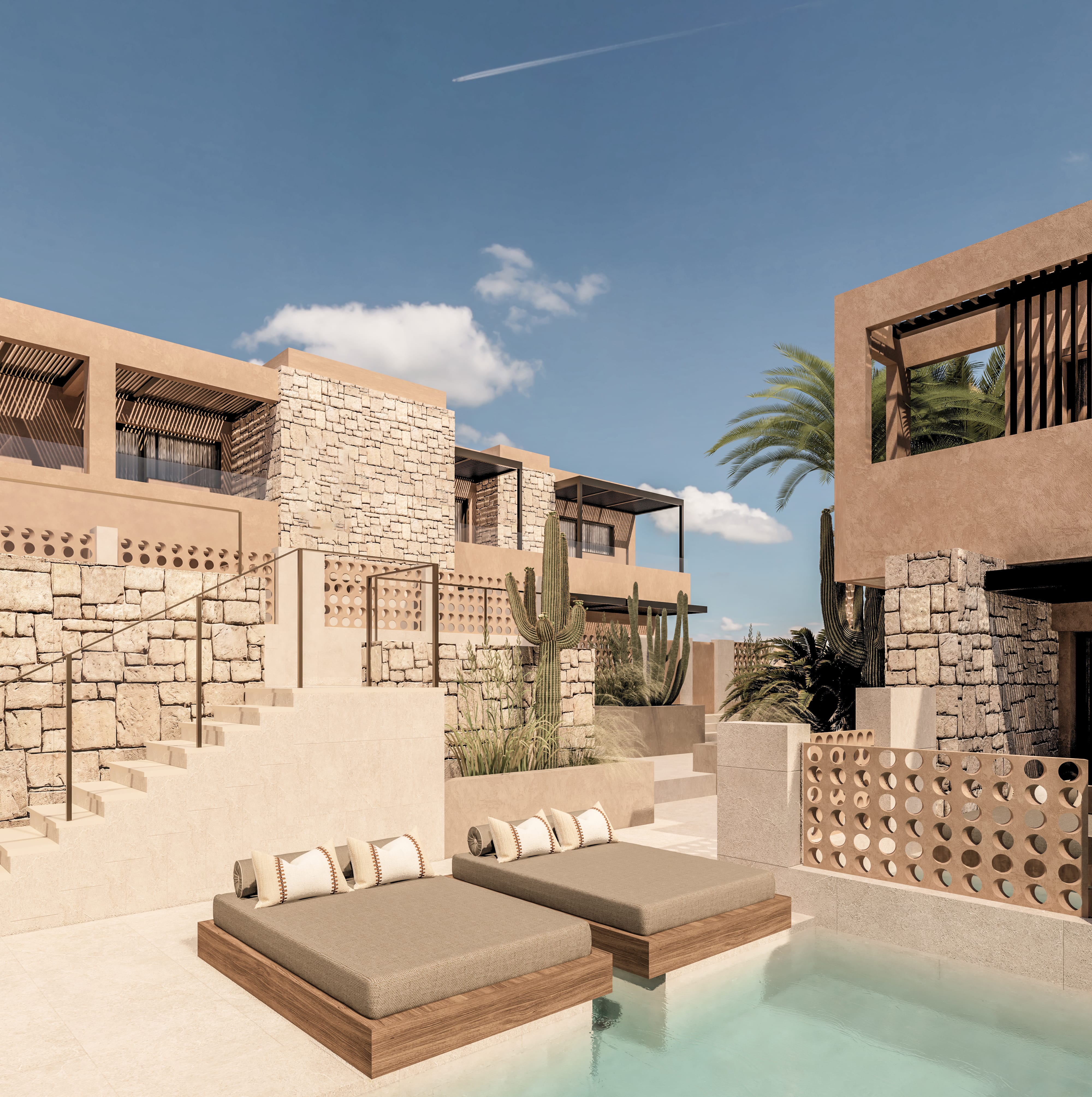 a pool and a building