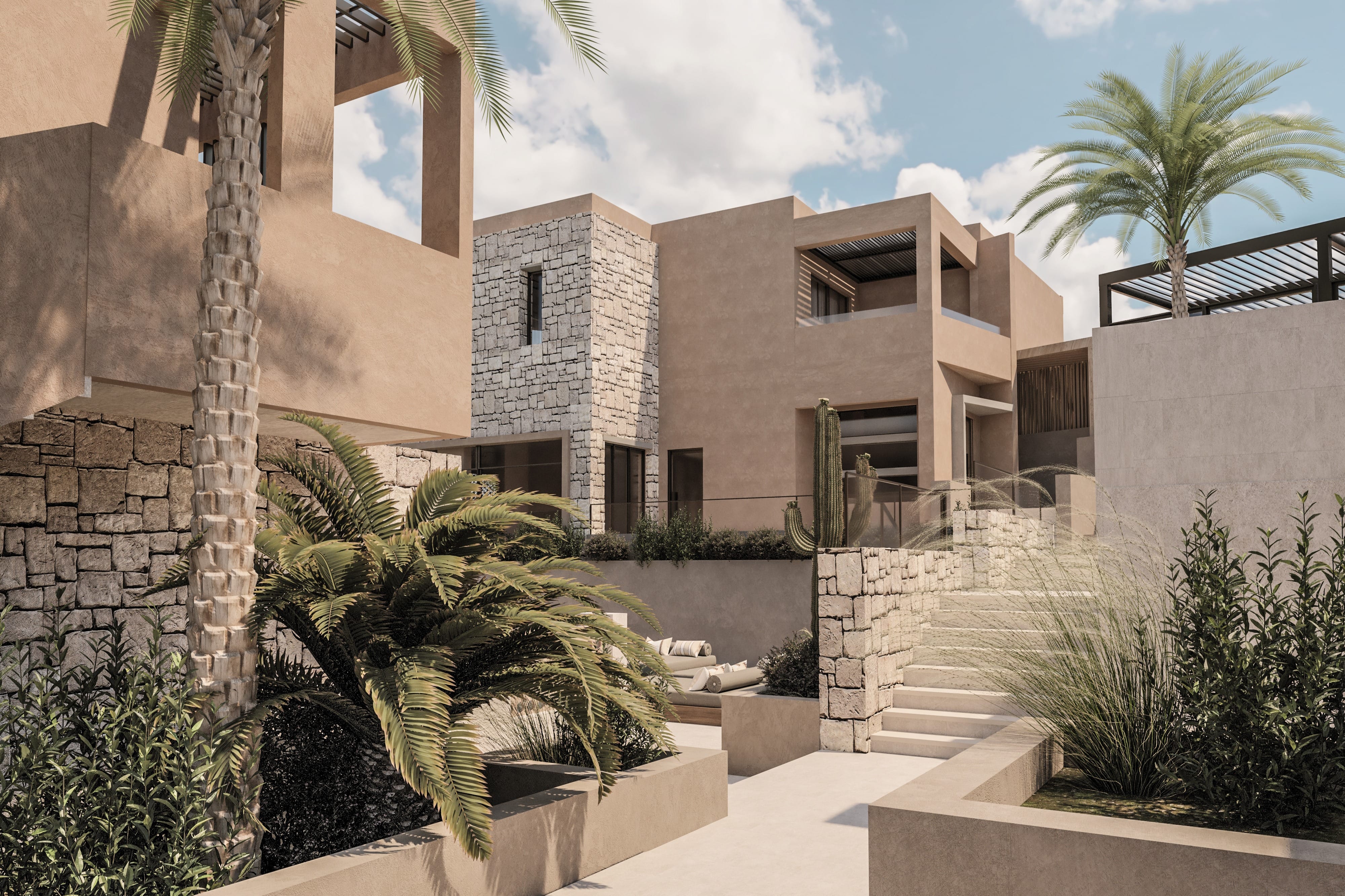 a building with a staircase and plants