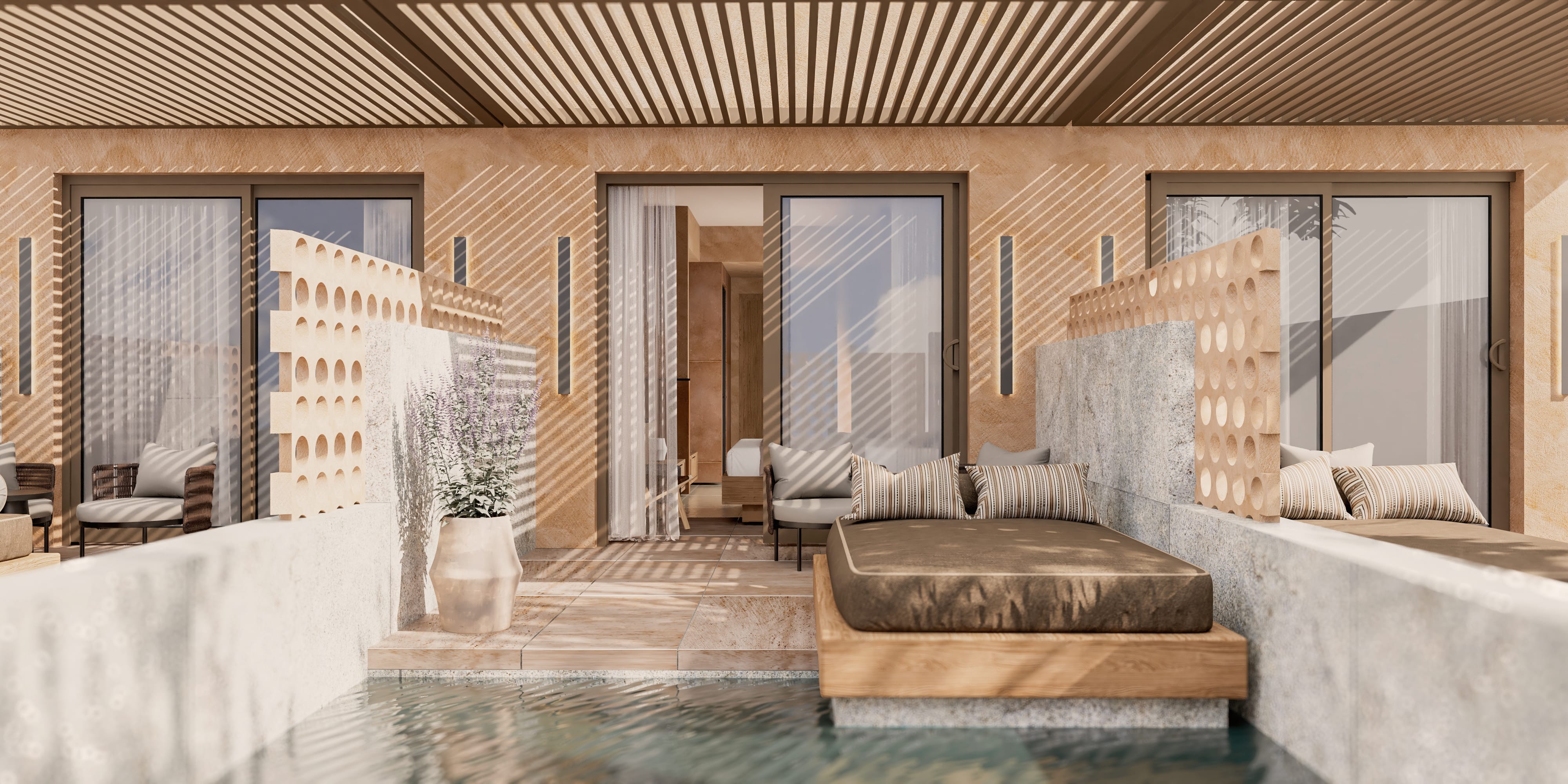 a room with a large mirror and a large bed