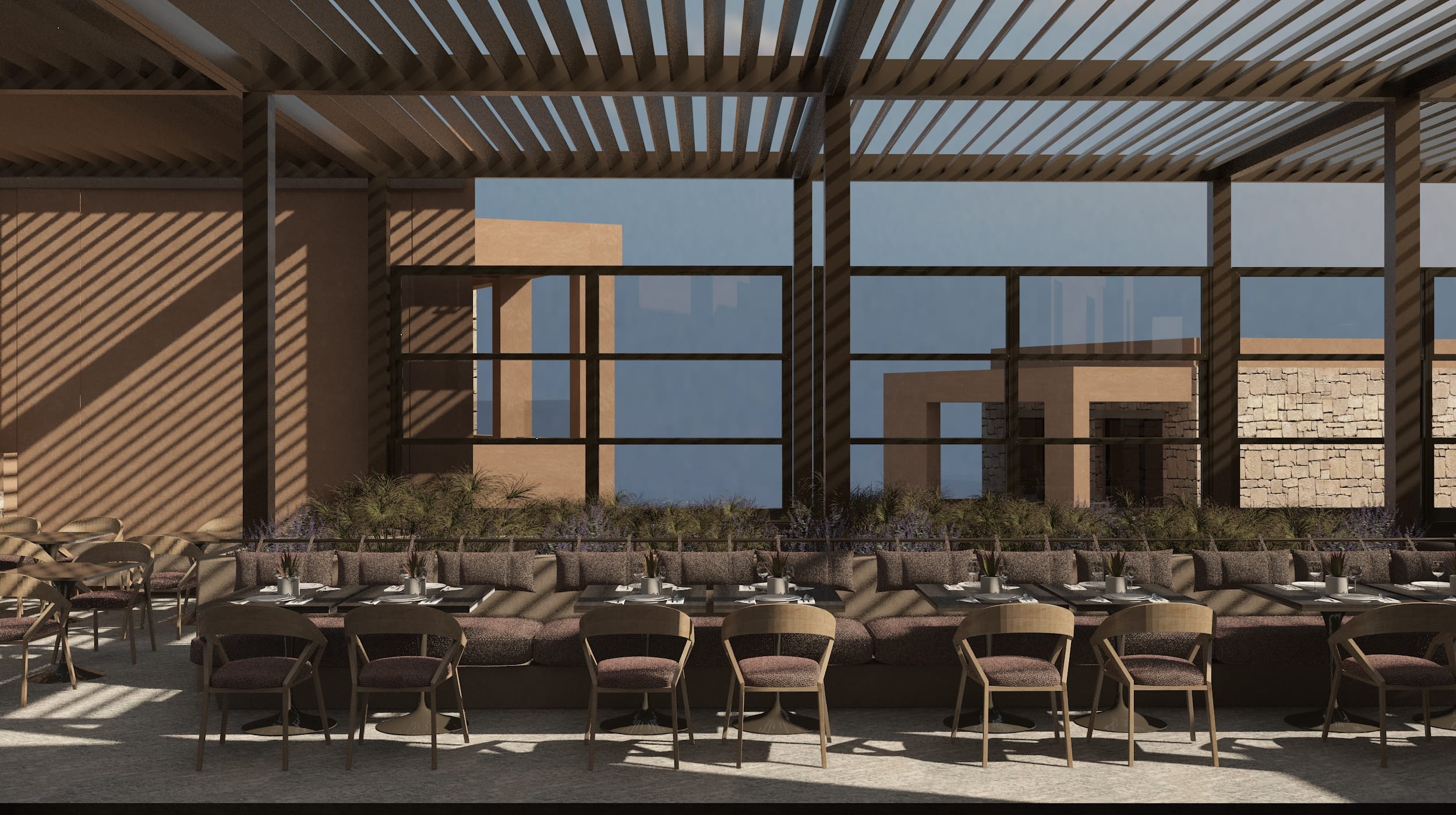 a room with tables and chairs