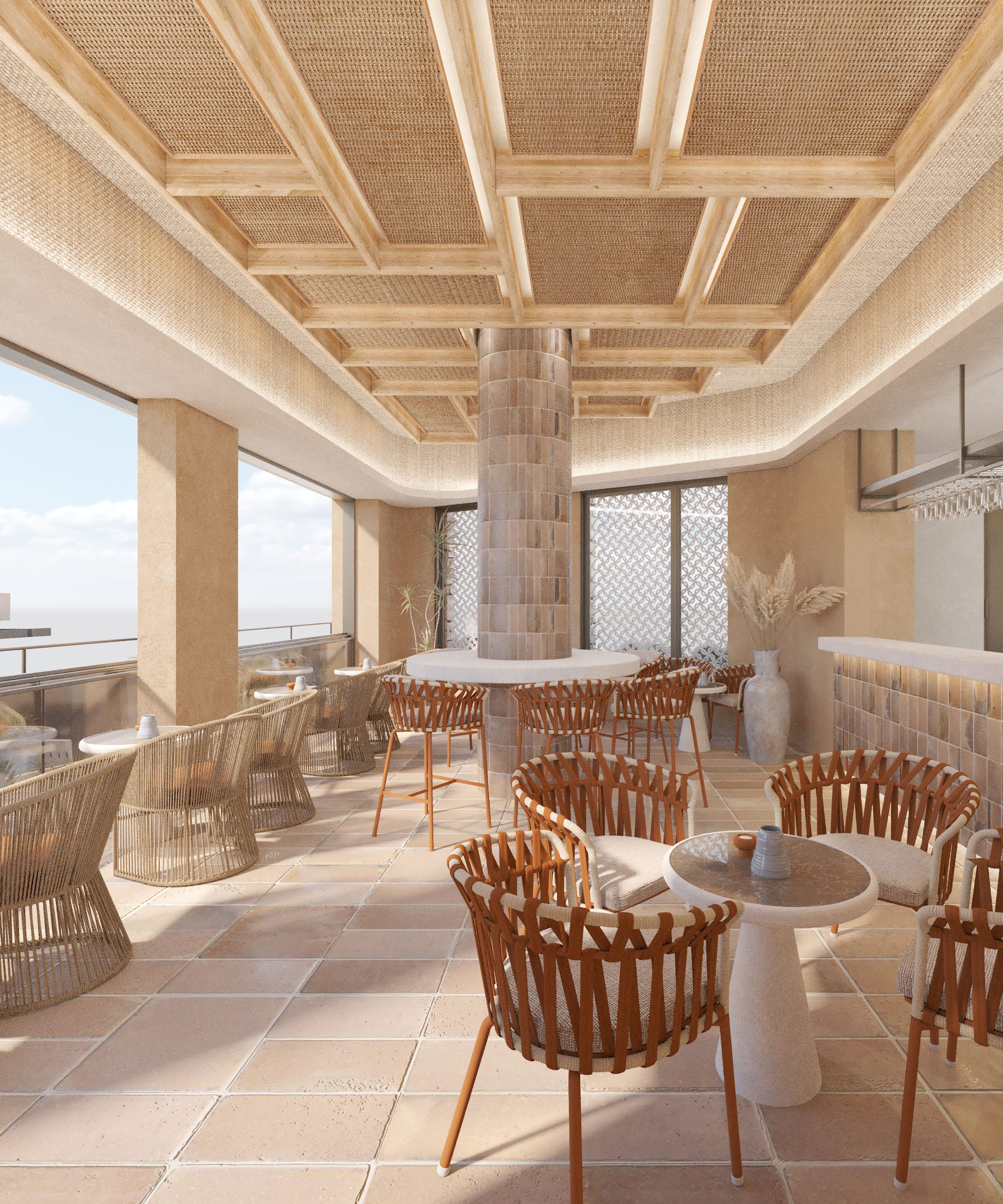 a room with tables and chairs