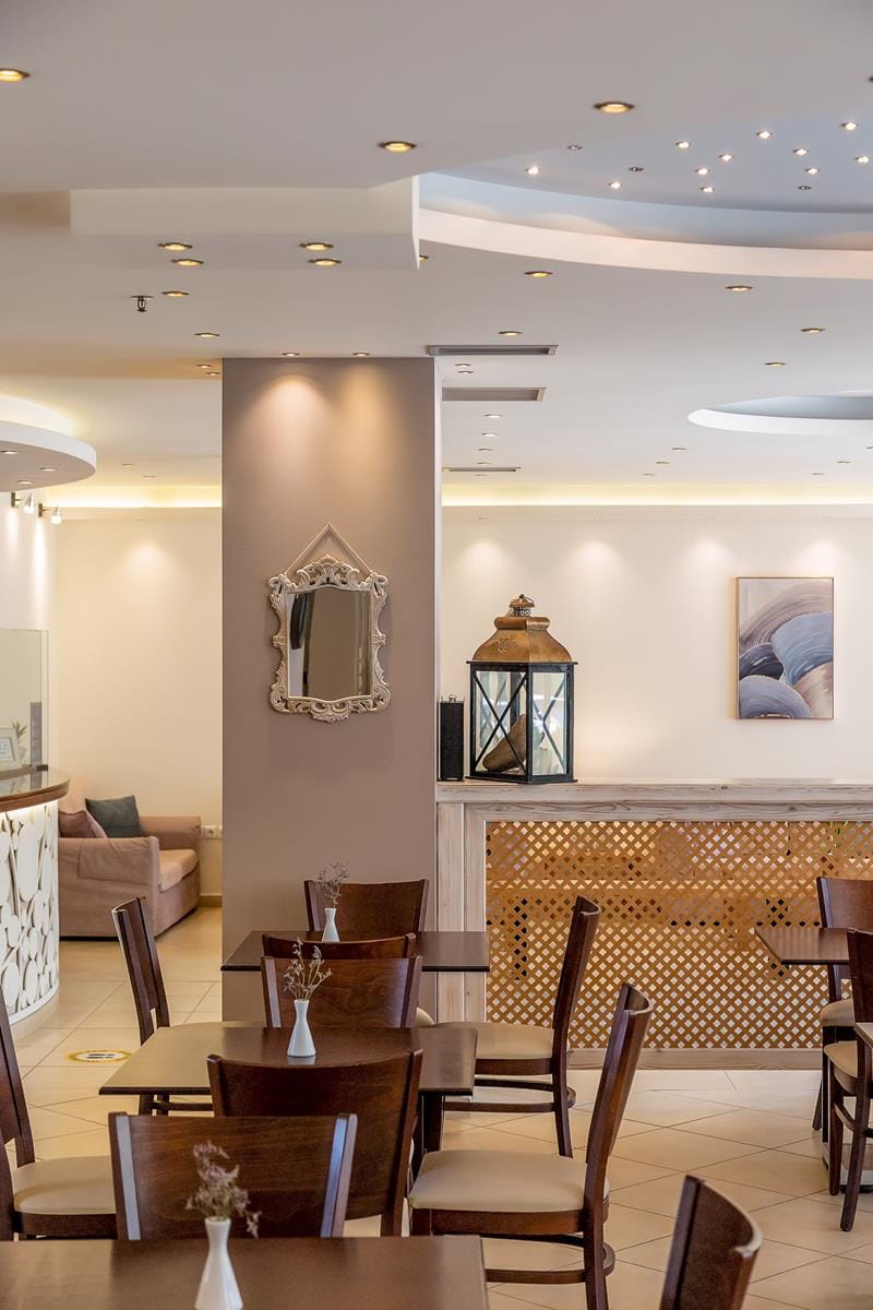 a room with tables and chairs