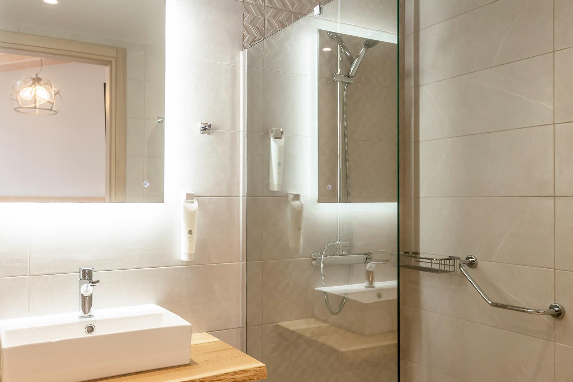 a bathroom with a glass shower