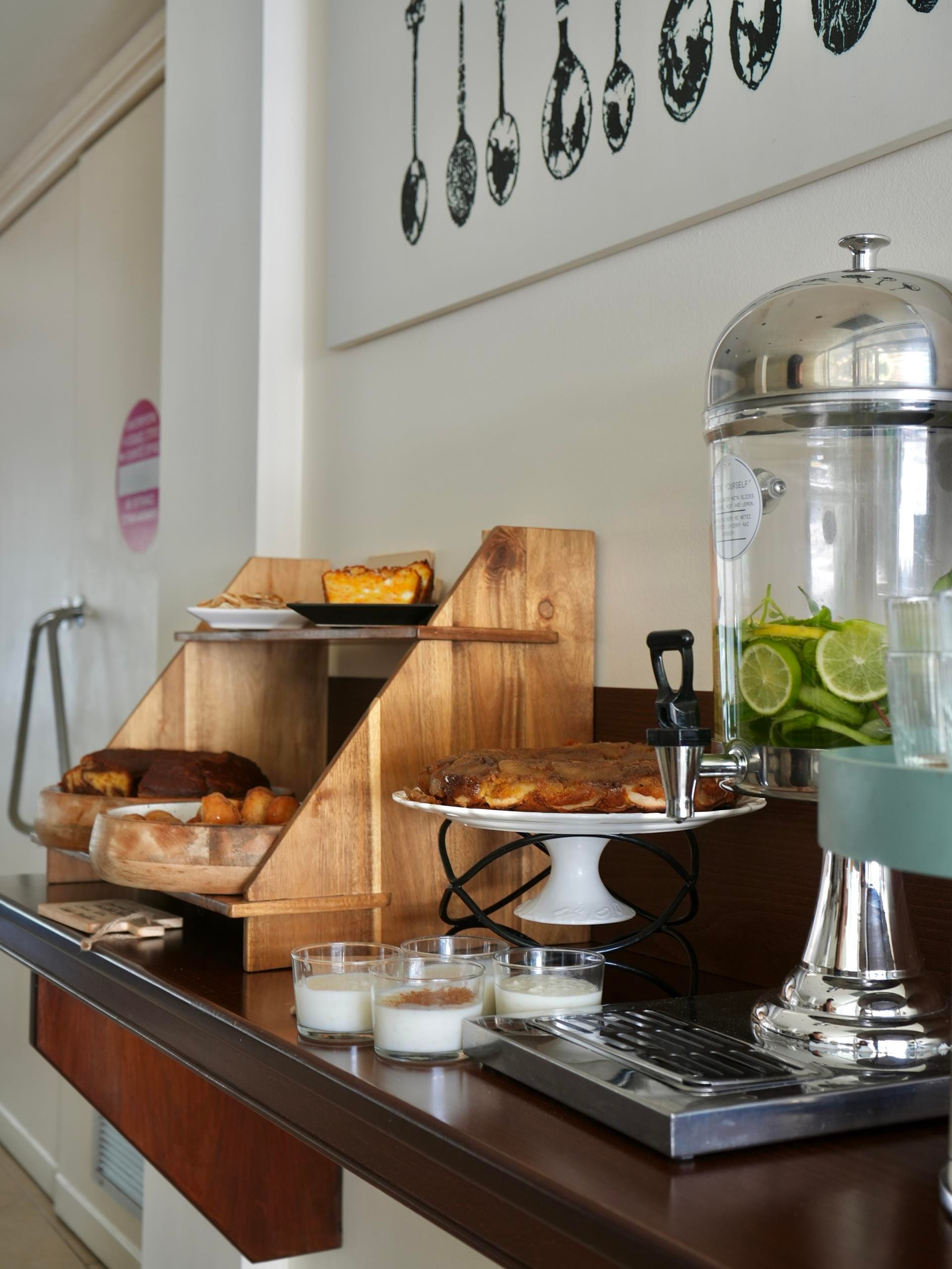 a kitchen with a table and food