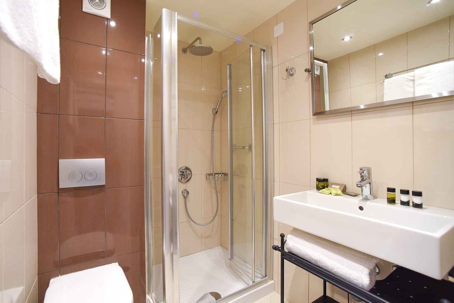 a bathroom with a glass shower