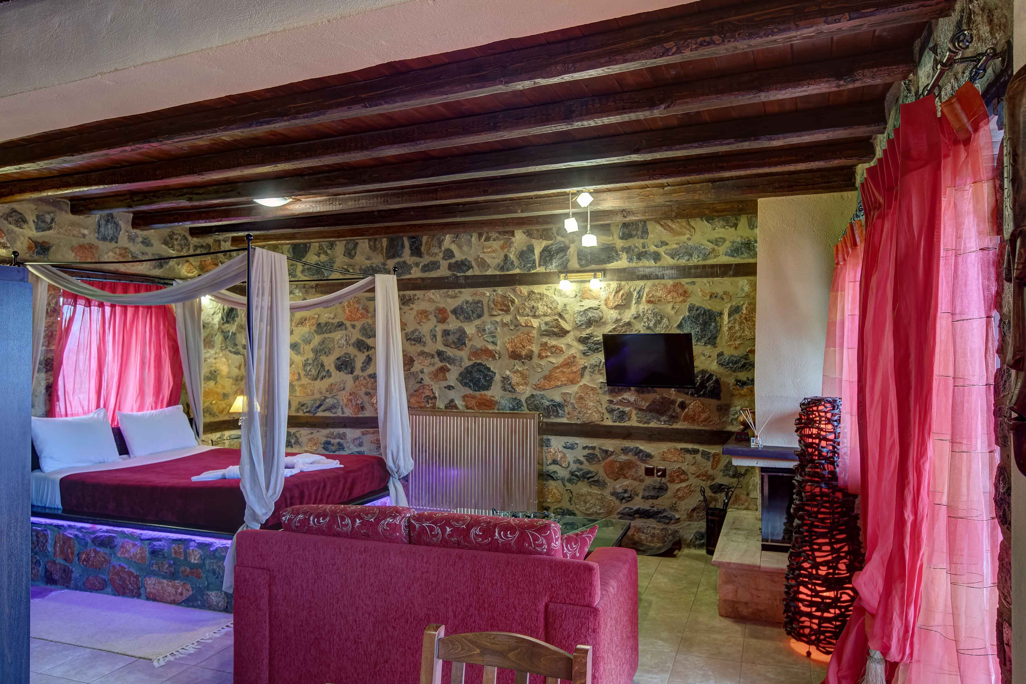 a room with a bed and a television