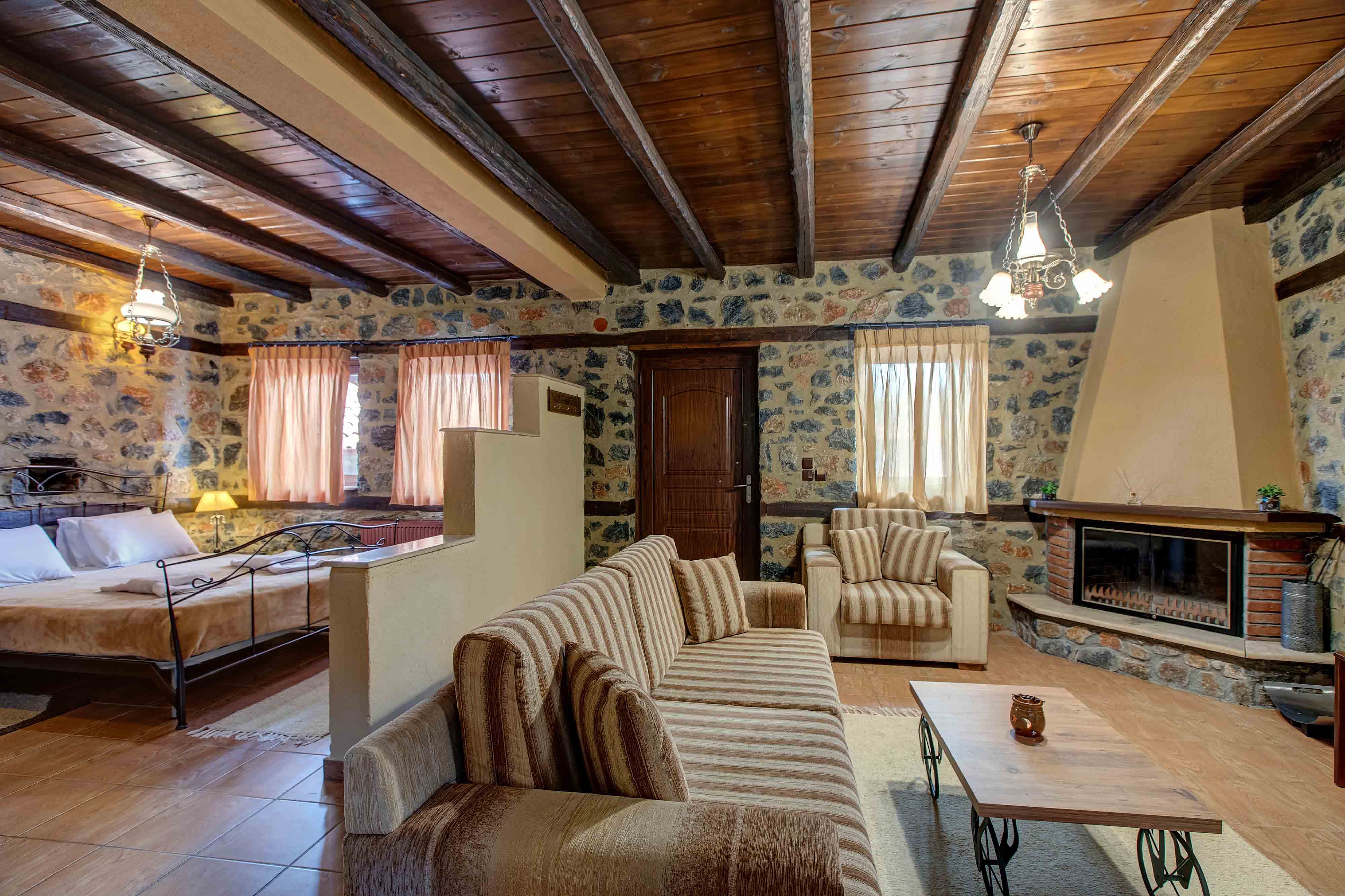 a living room with a fireplace