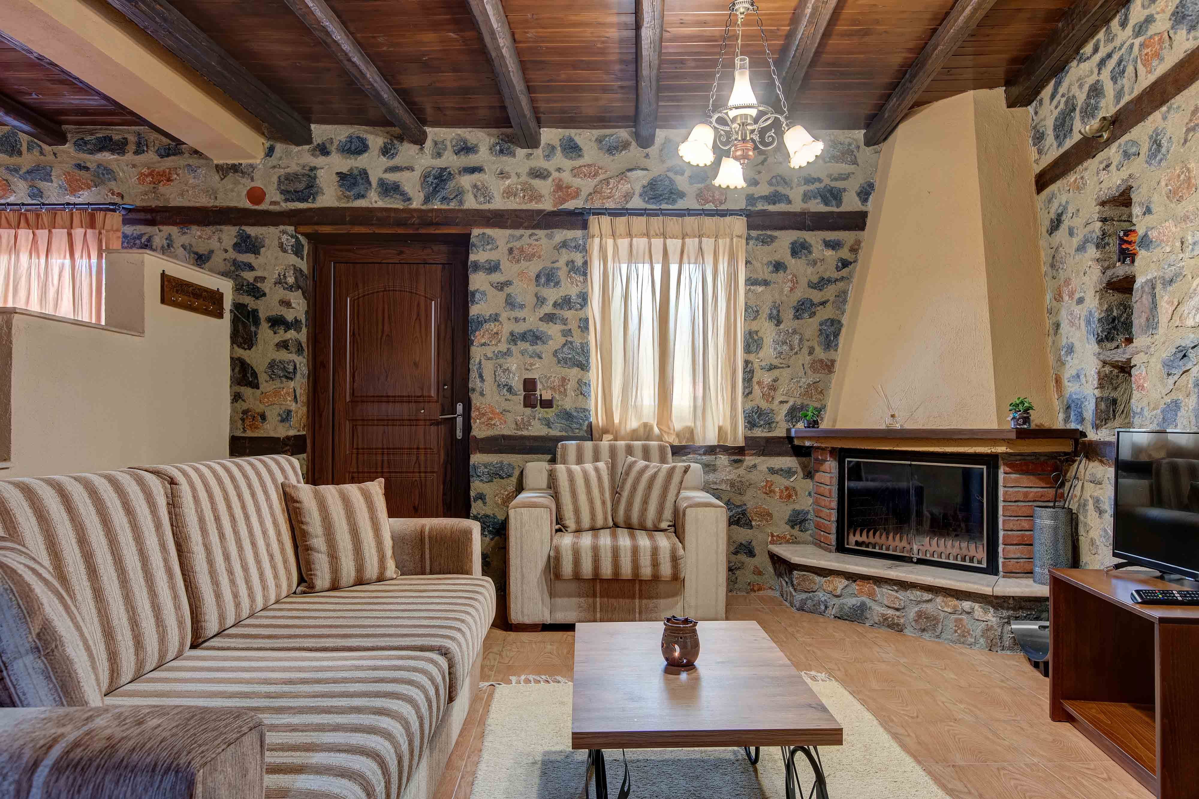 a living room with a fireplace