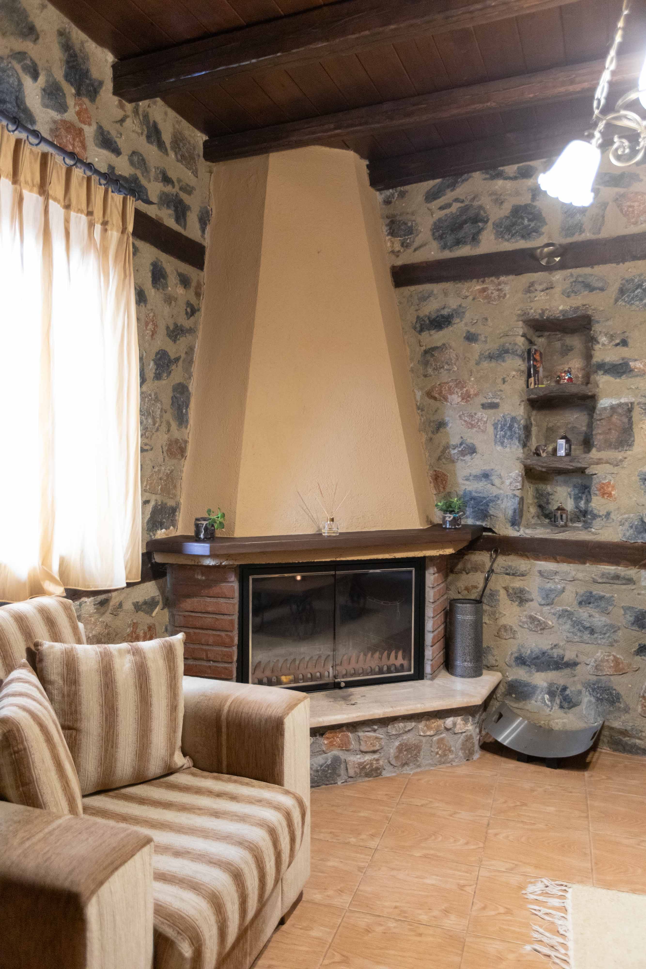 a living room with a fireplace