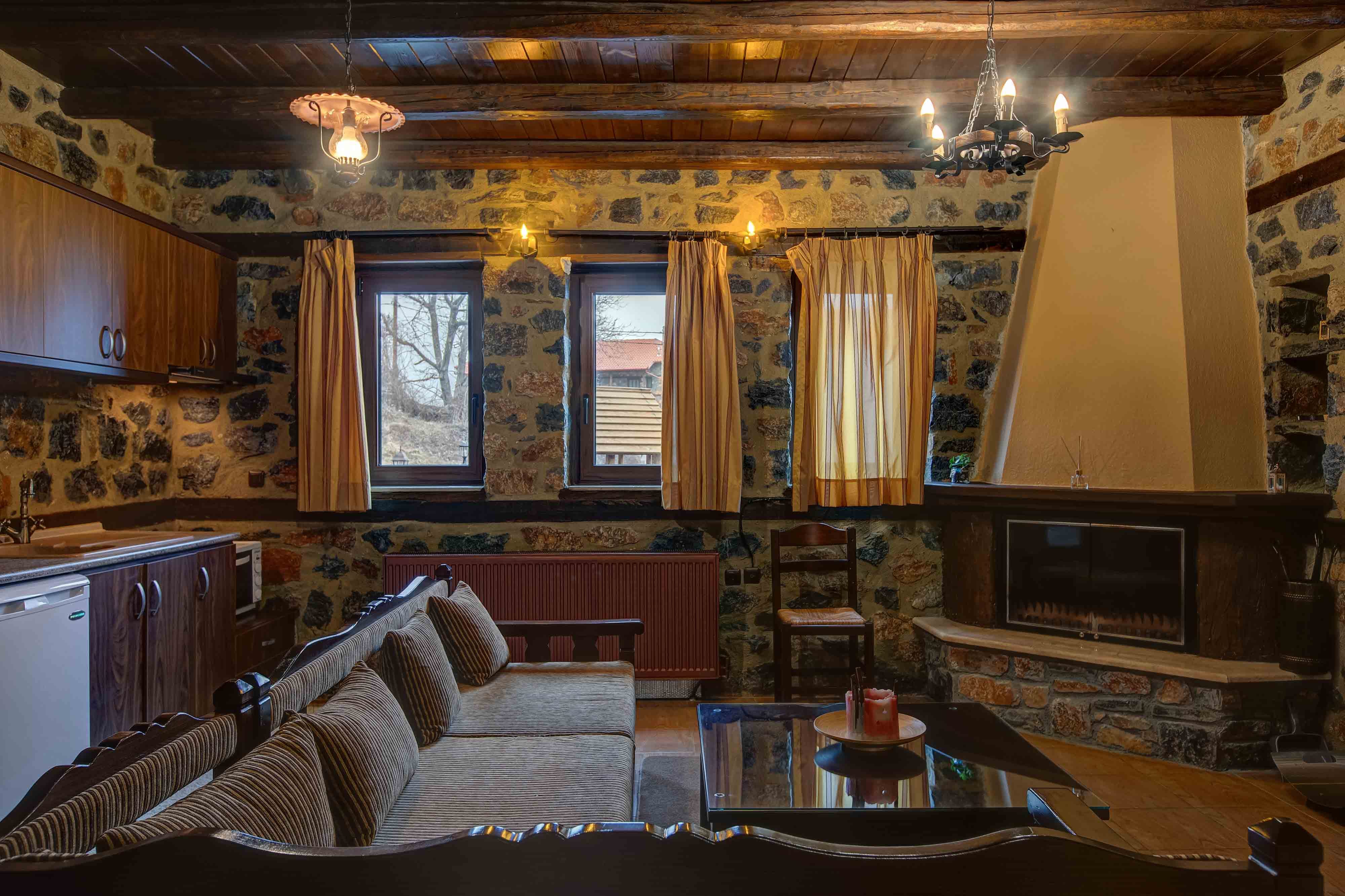 a living room with a couch and a table