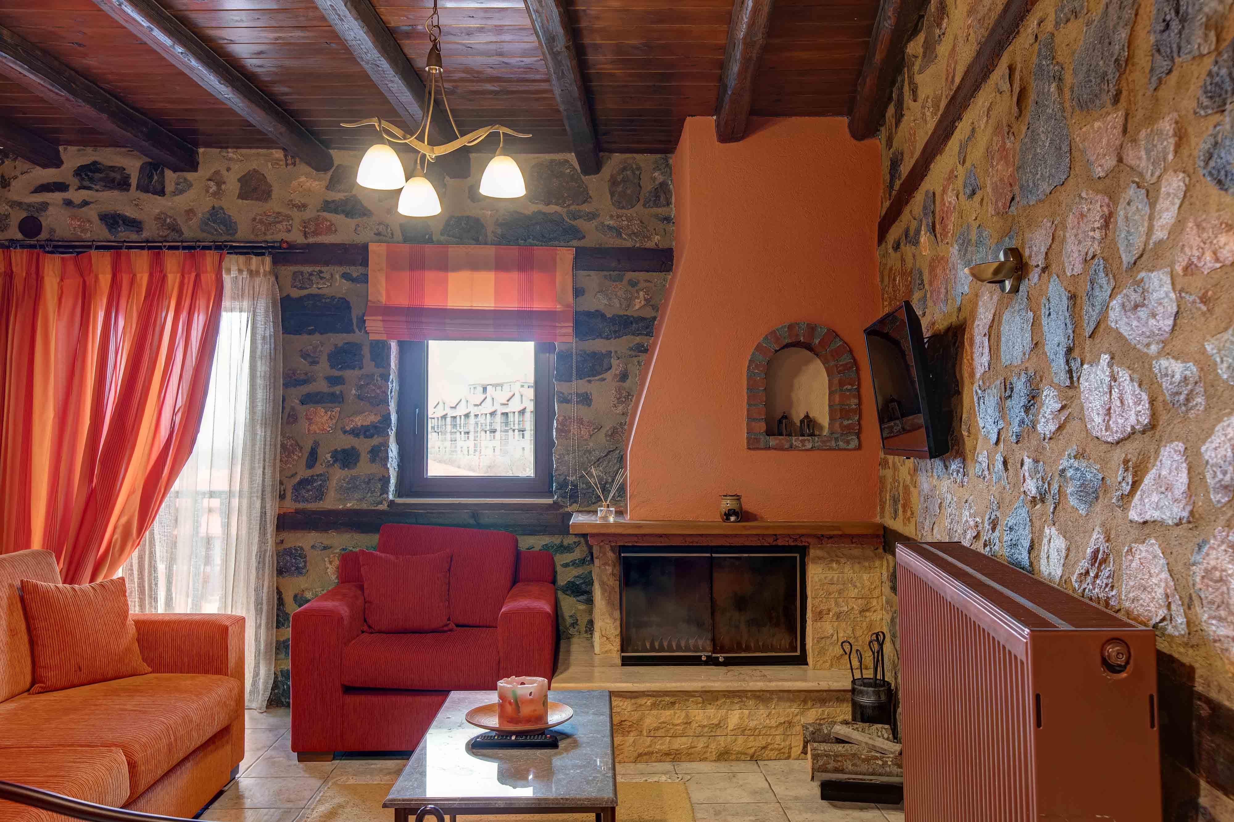 a living room with a fireplace