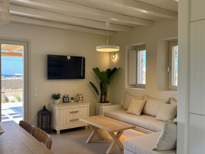 a living room with a tv and couches