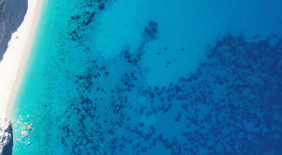 a blue sea with a few small fish swimming in it