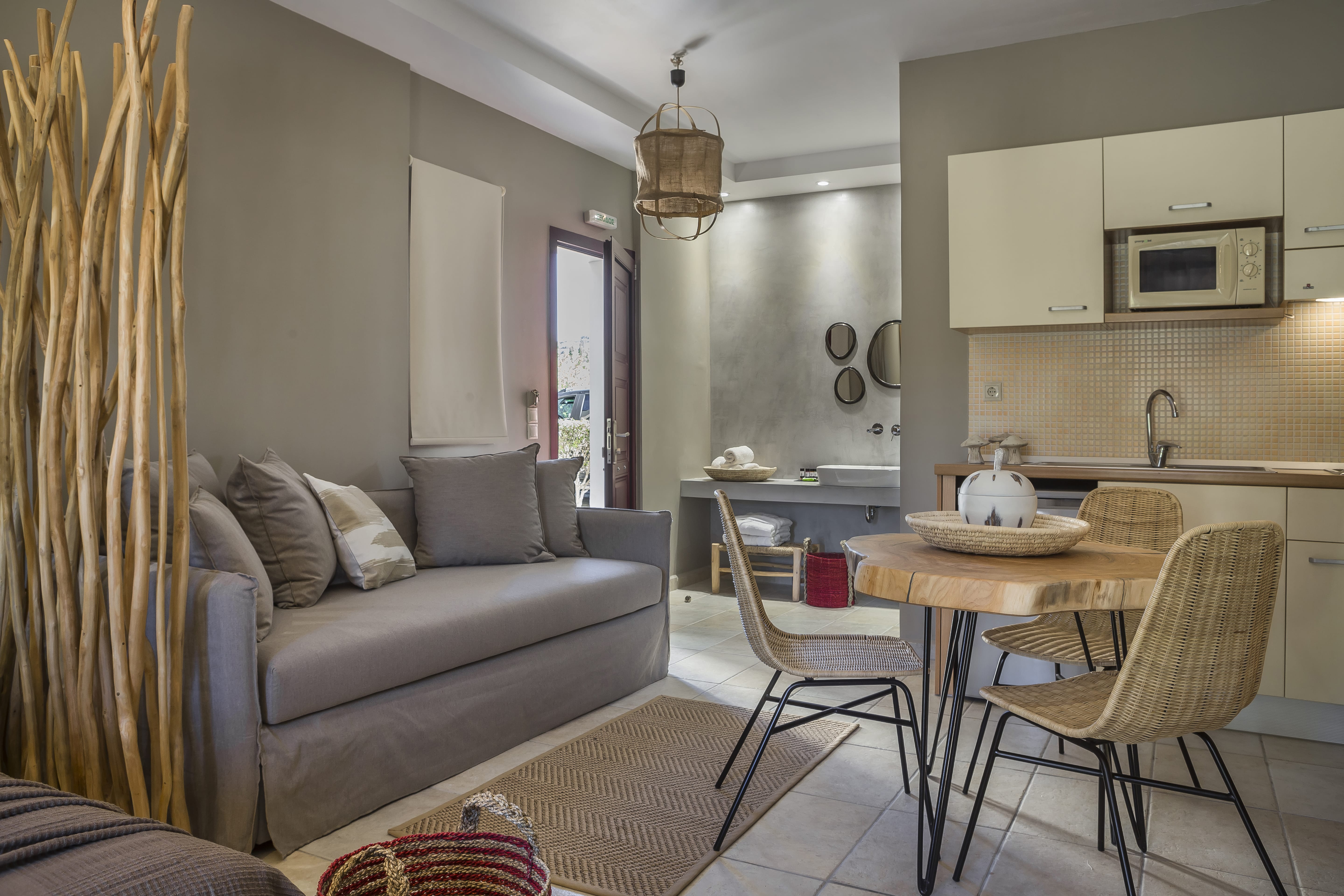 a living room with a couch and a table