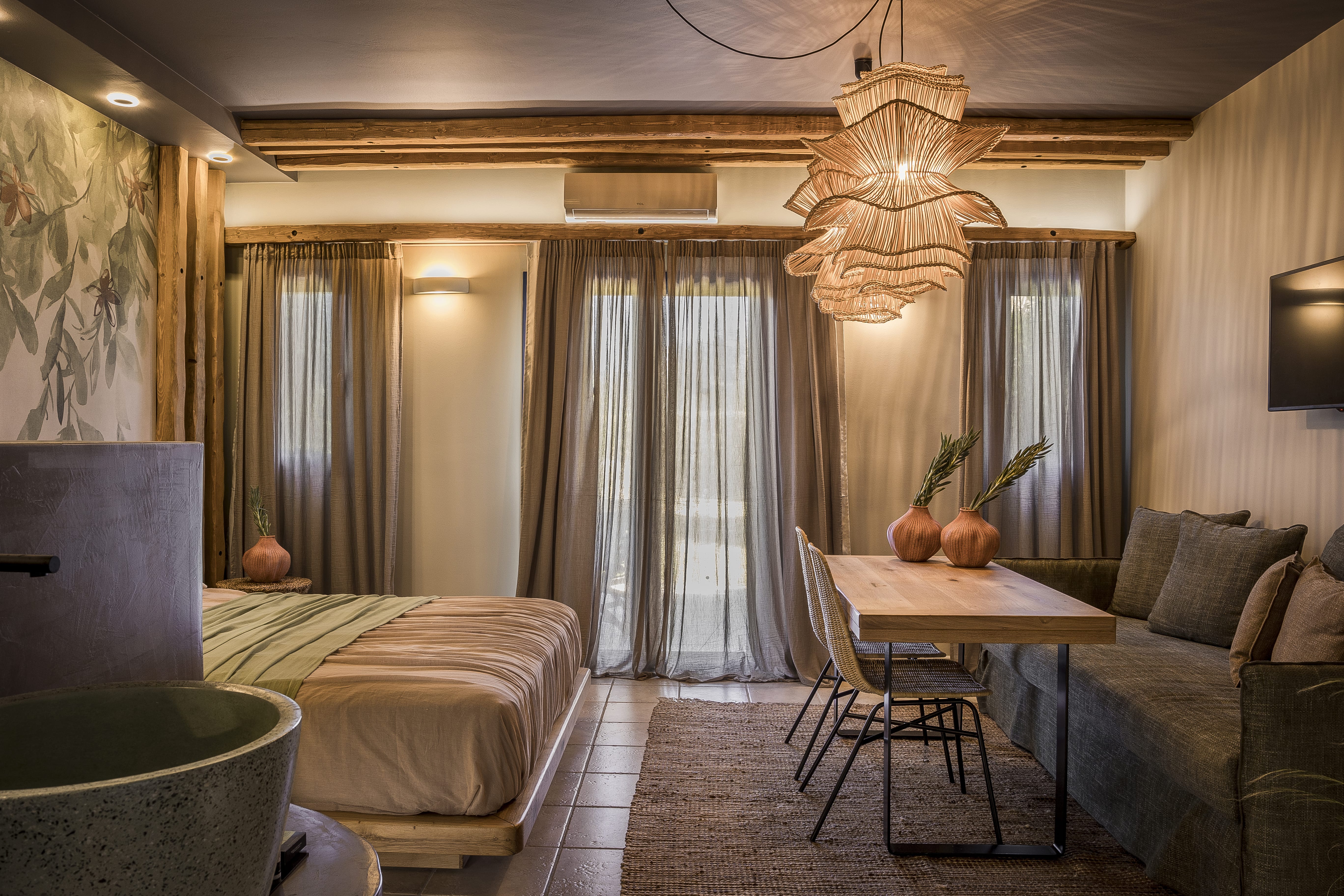 a room with a table and chairs