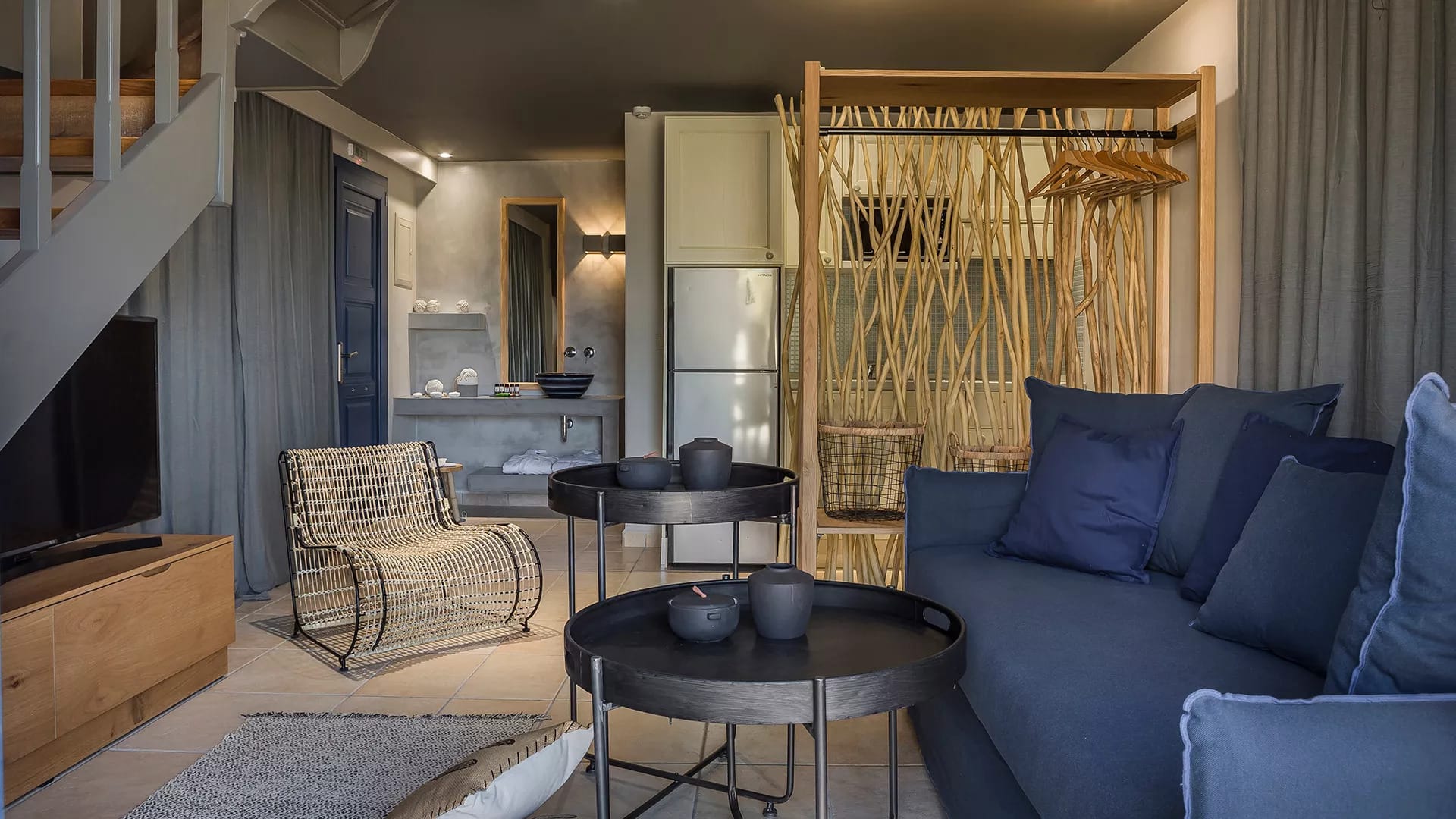 a living room with a couch and a table