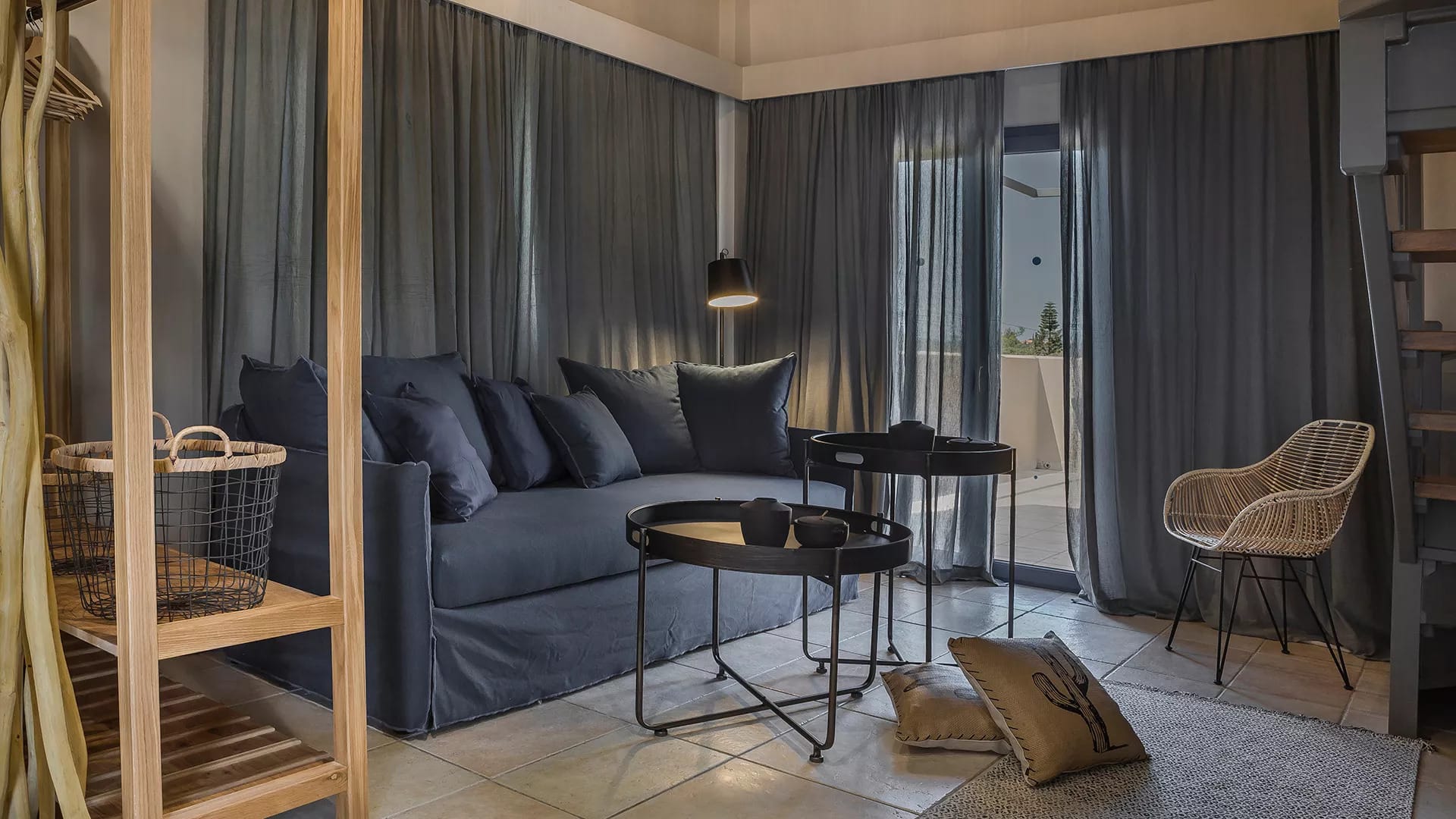 a room with a couch and a table