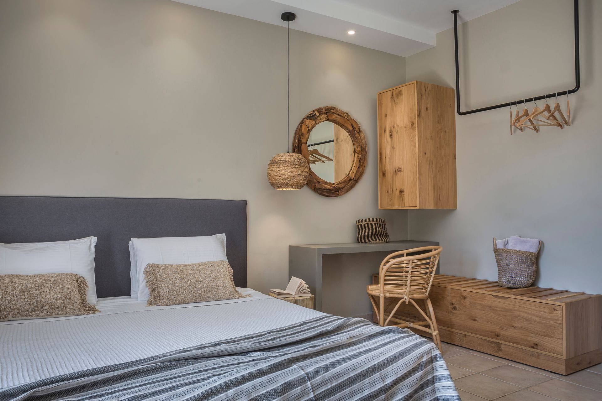 a bedroom with a bed and a mirror