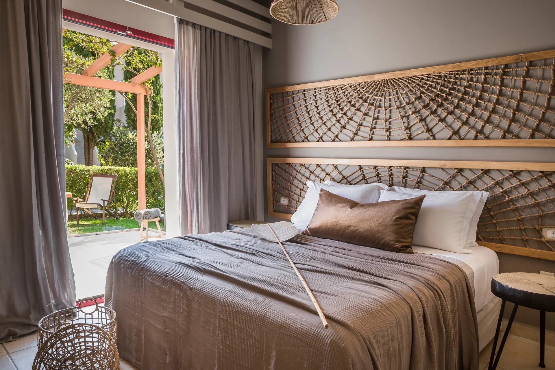 a bed with a large headboard