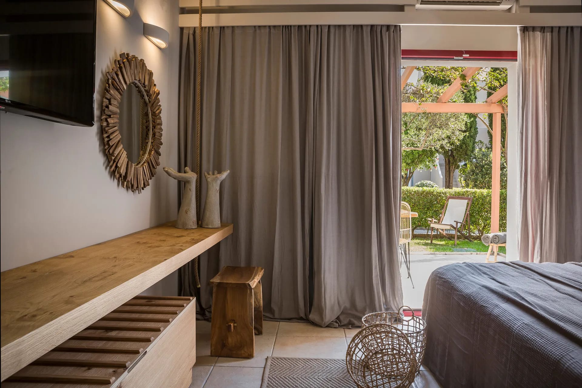 a living room with a couch and a table