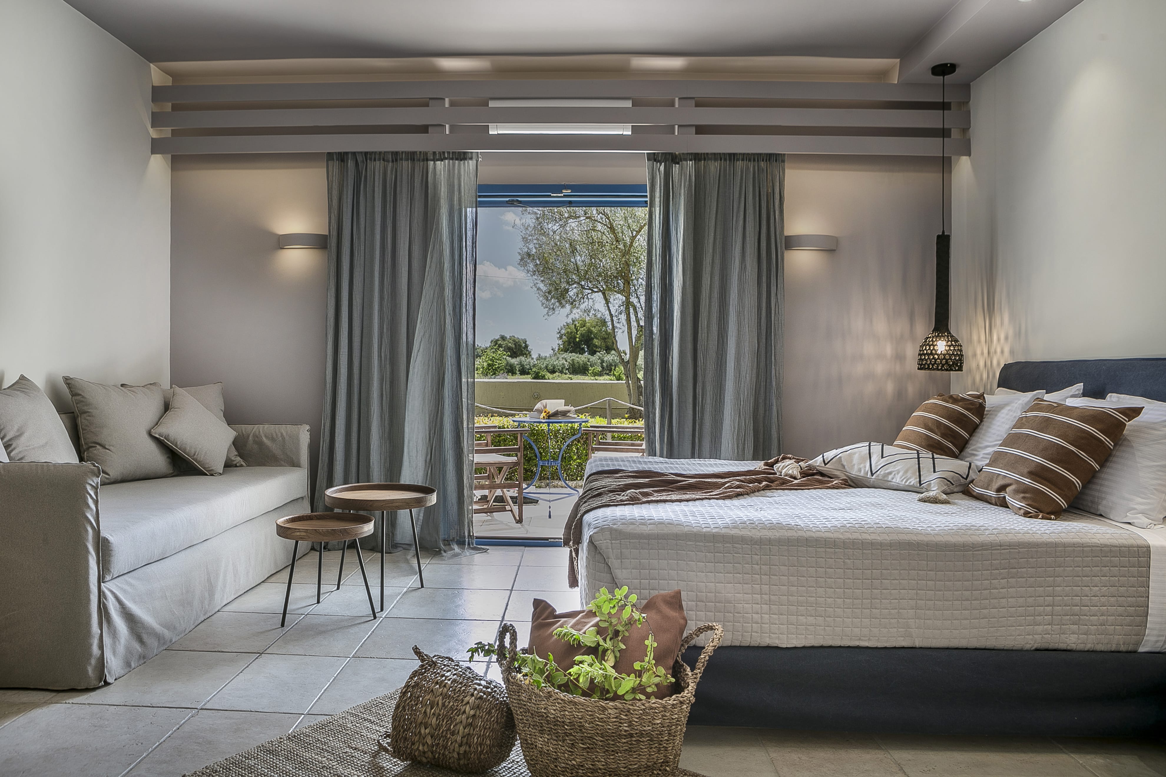 a bedroom with a large window