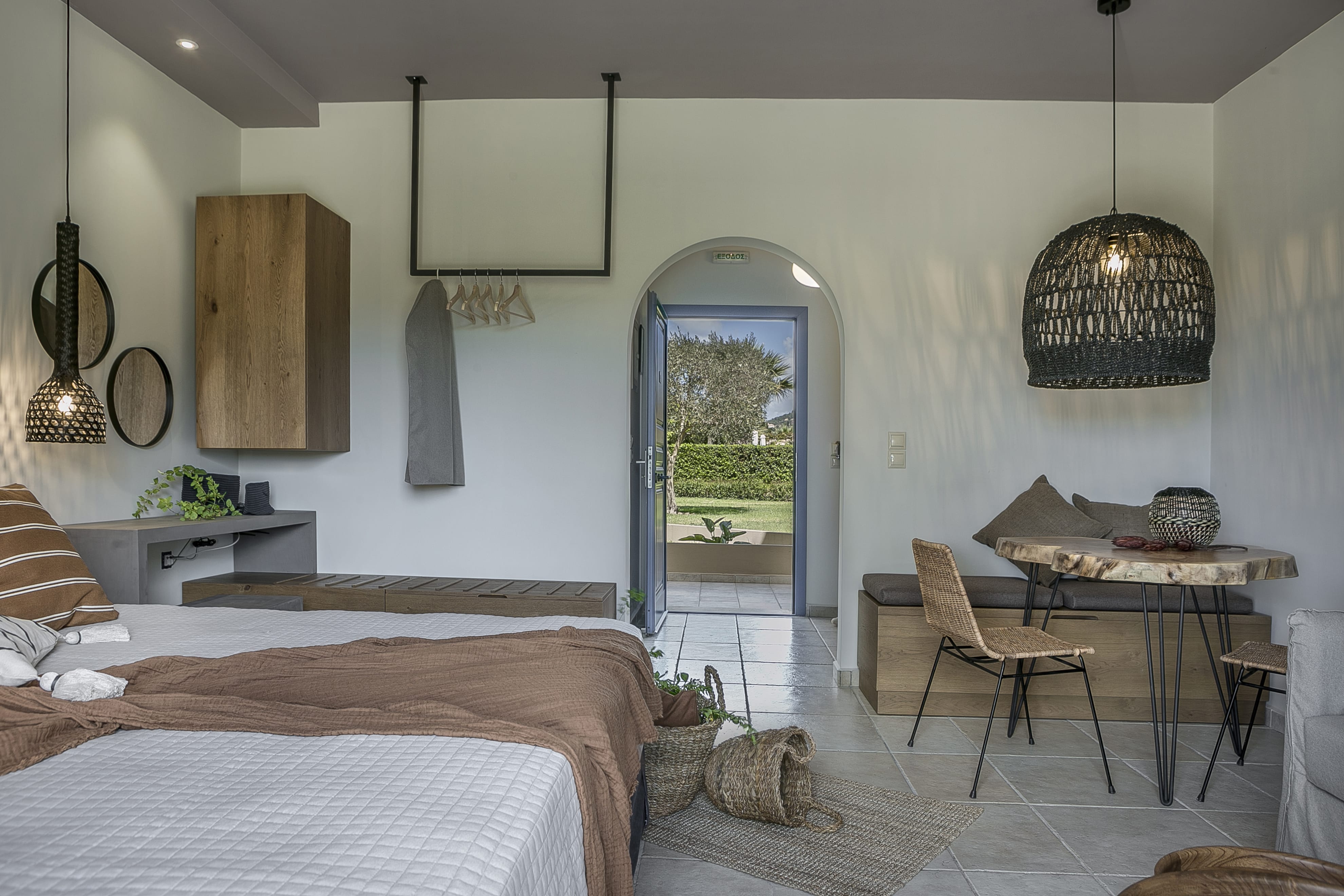 a bedroom with a bed and a table