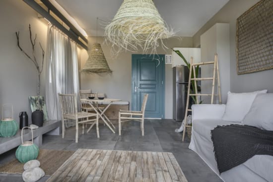 a room with a bed and a table