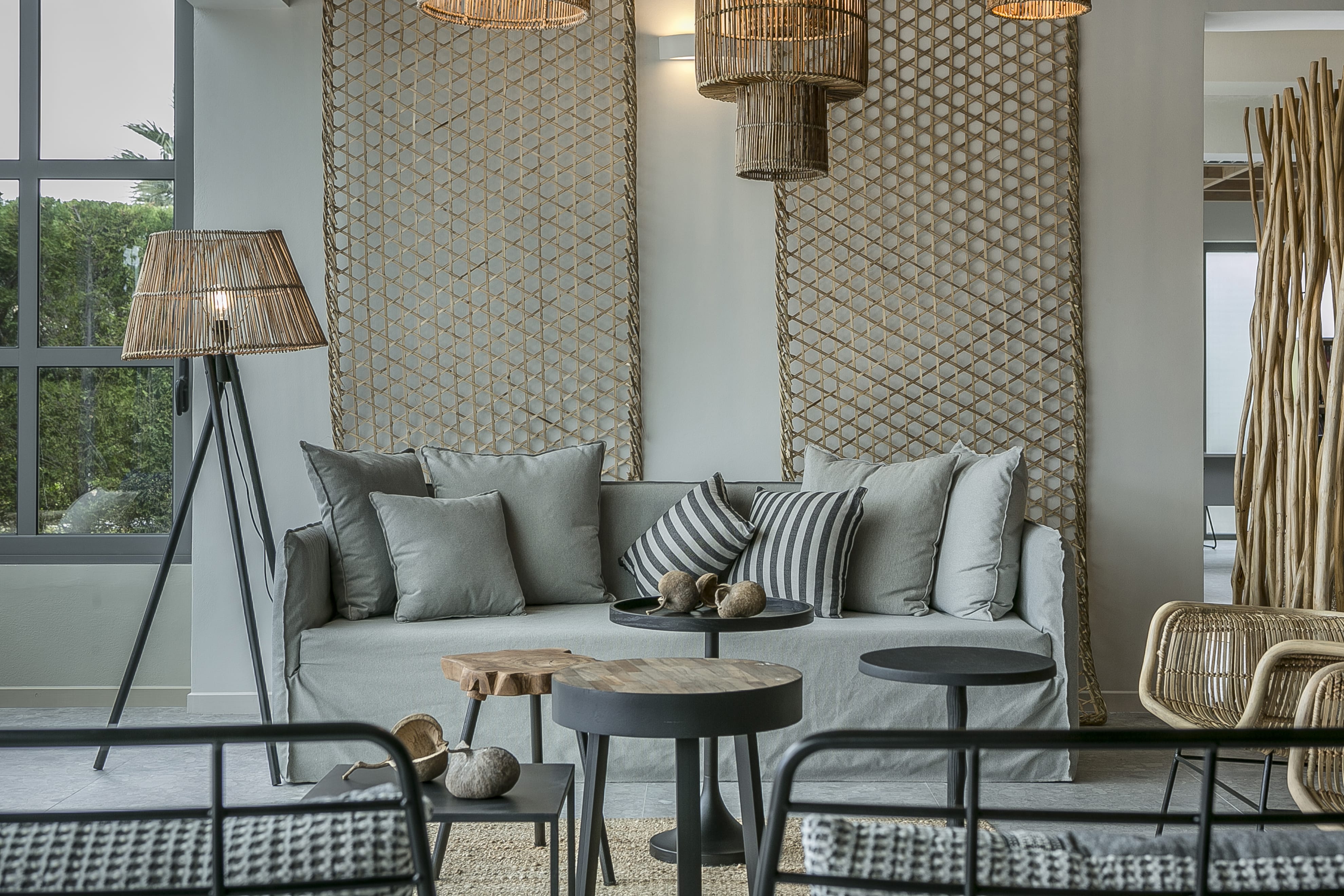 a couch with a table and chairs