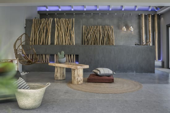 a room with a table and a bench