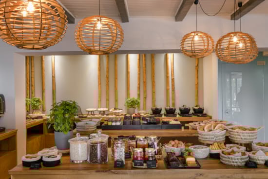 a room with many bowls and food