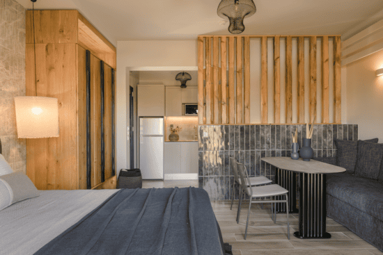 a room with a bed and a table