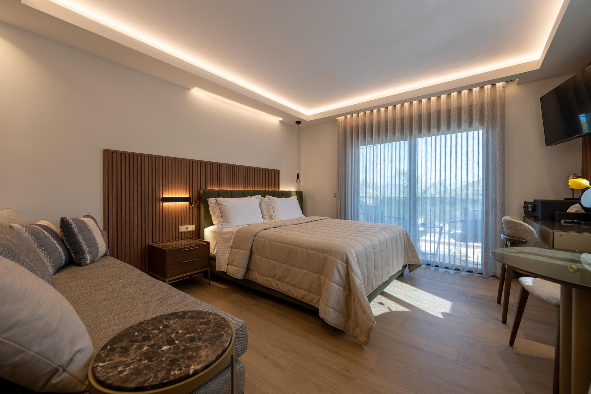 a bedroom with two beds