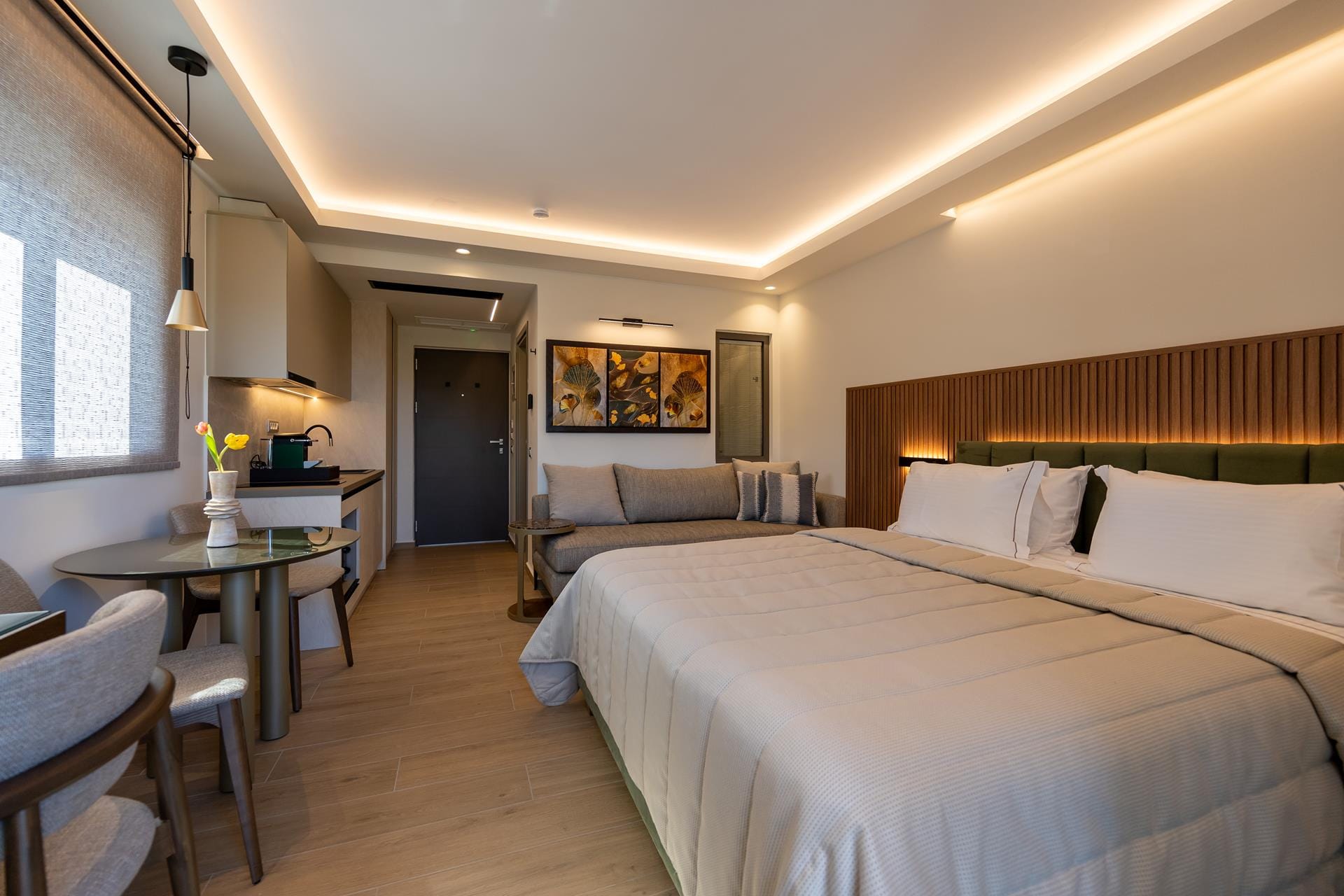 a hotel room with two beds