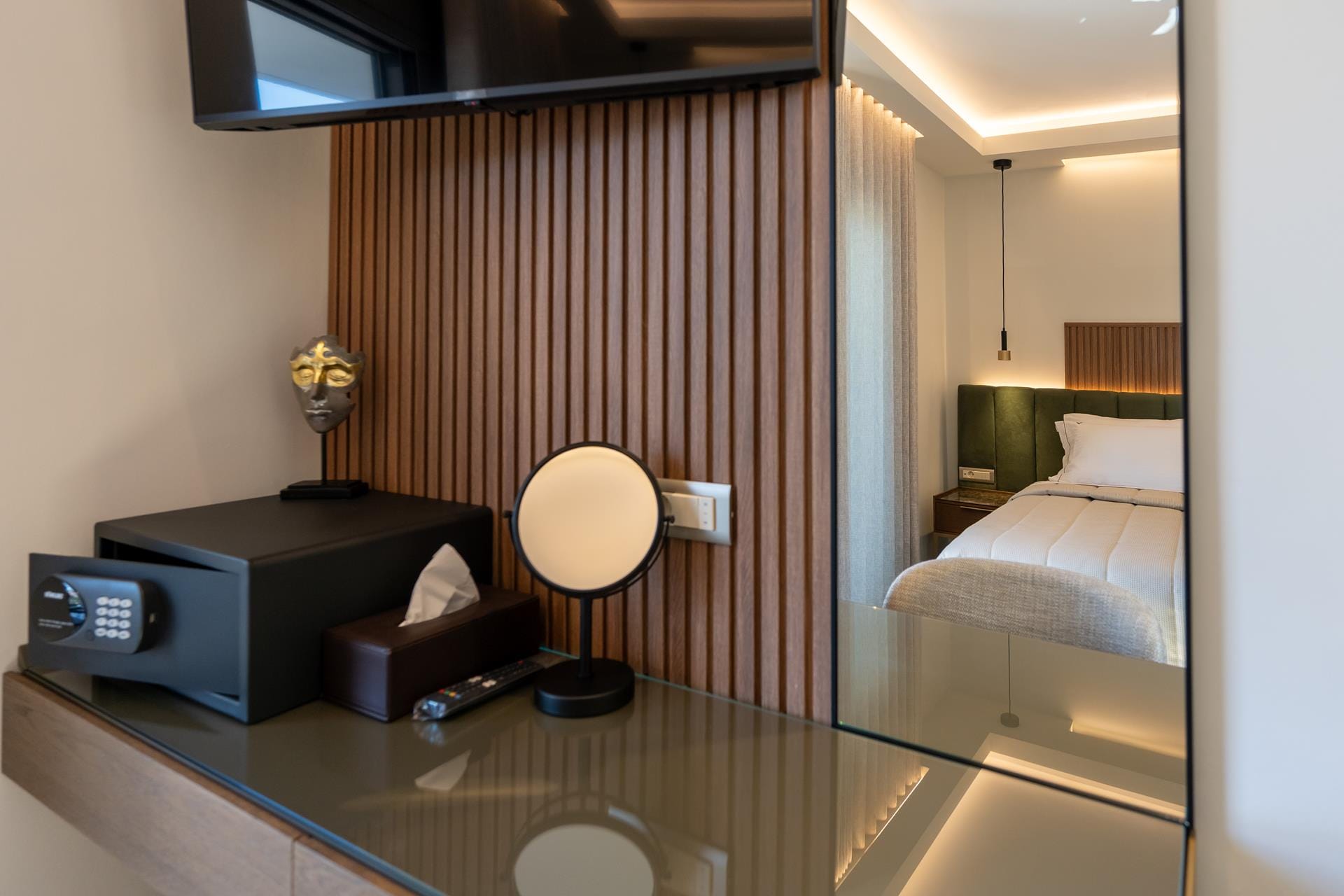 a bathroom with a large mirror