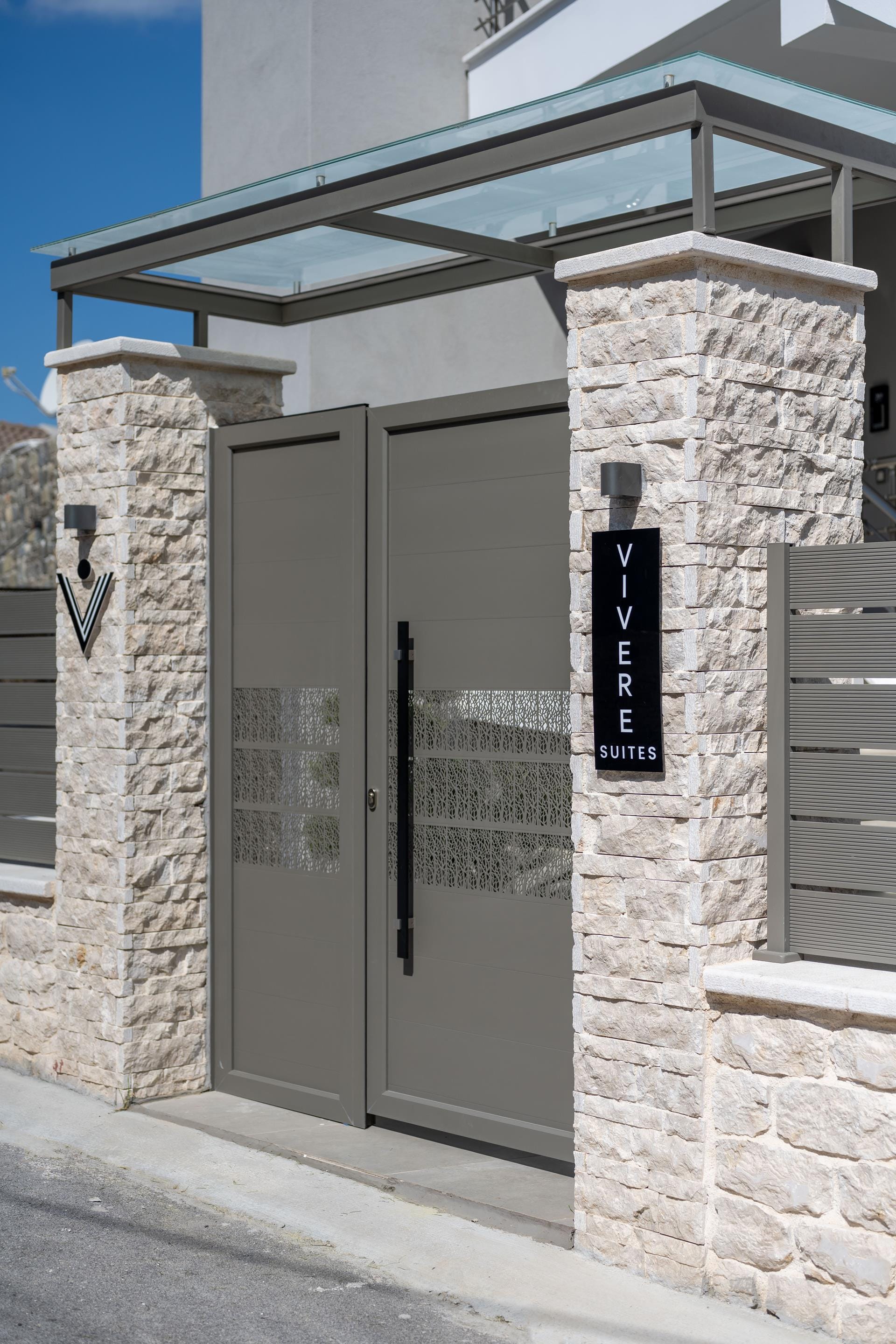 a building with a large glass door