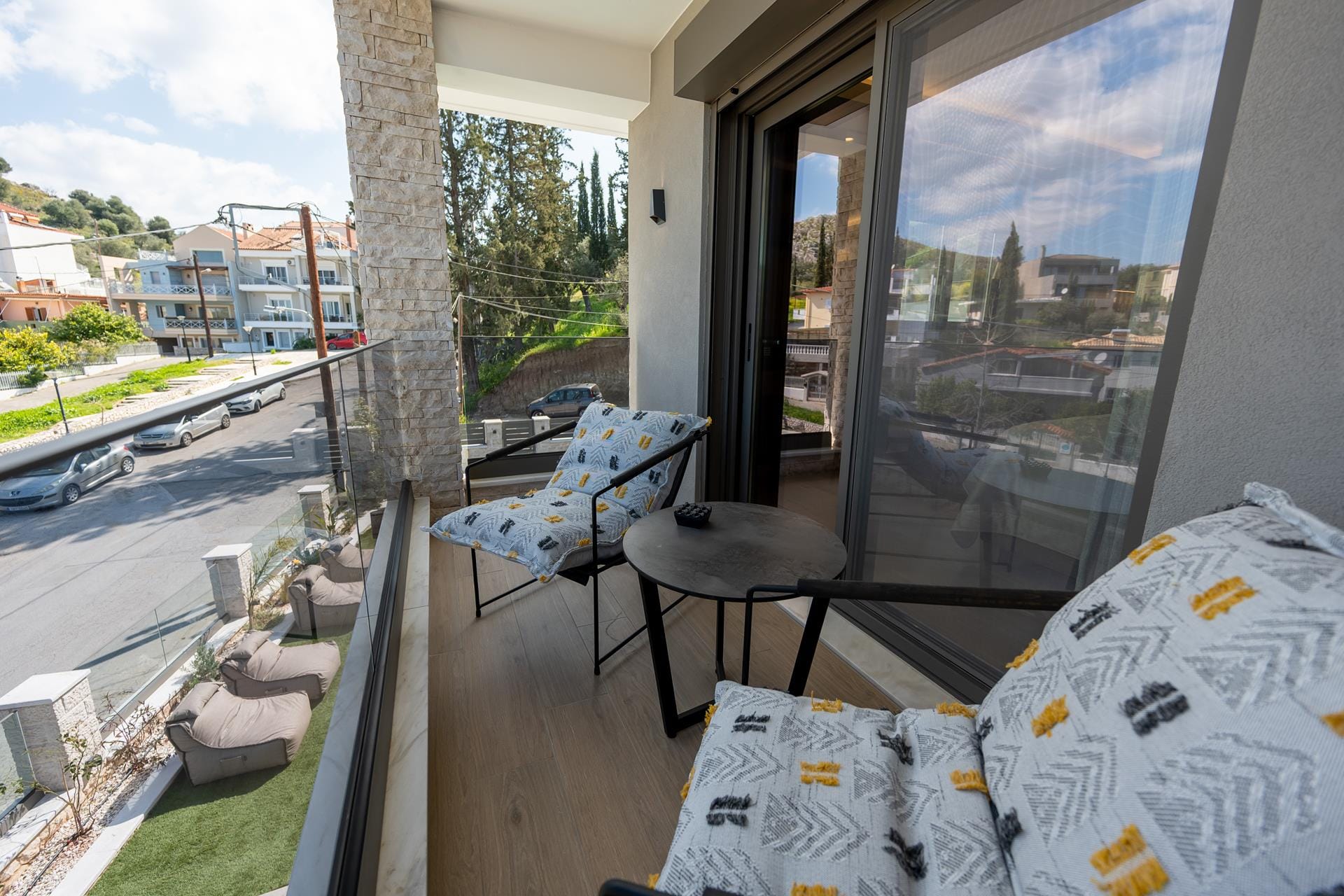 a table and chairs on a deck