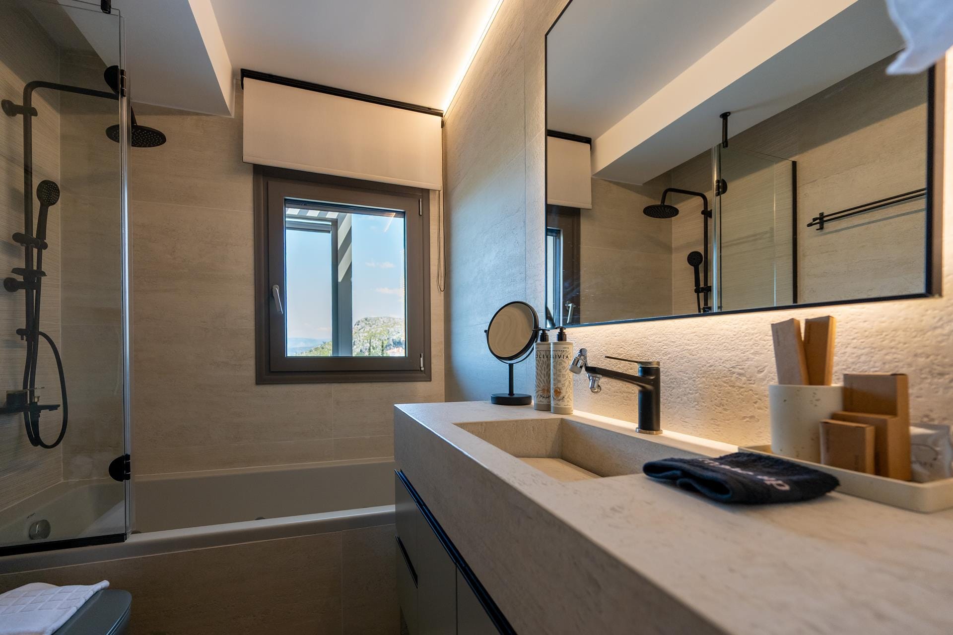 a bathroom with a large mirror
