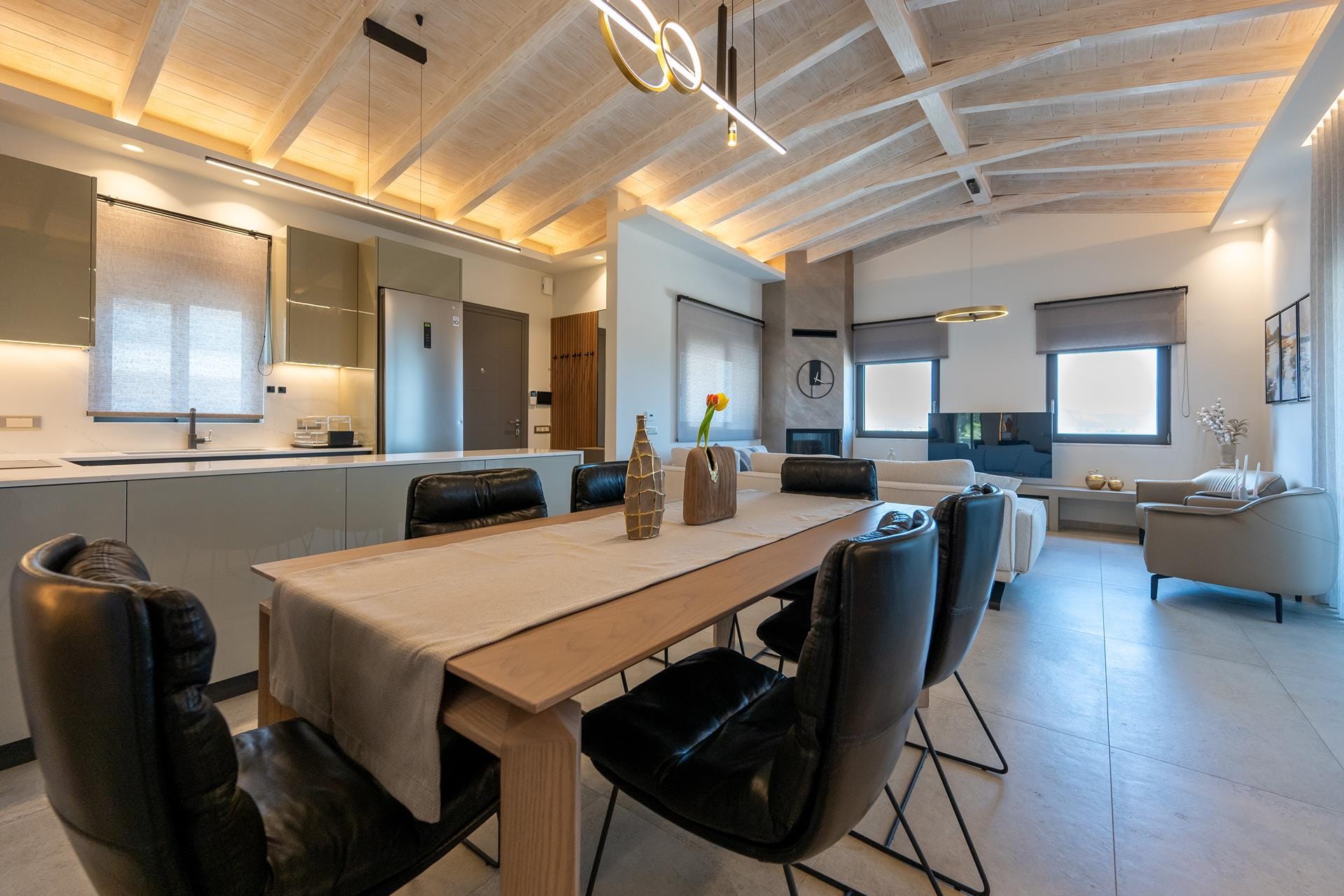 a room with a table and chairs