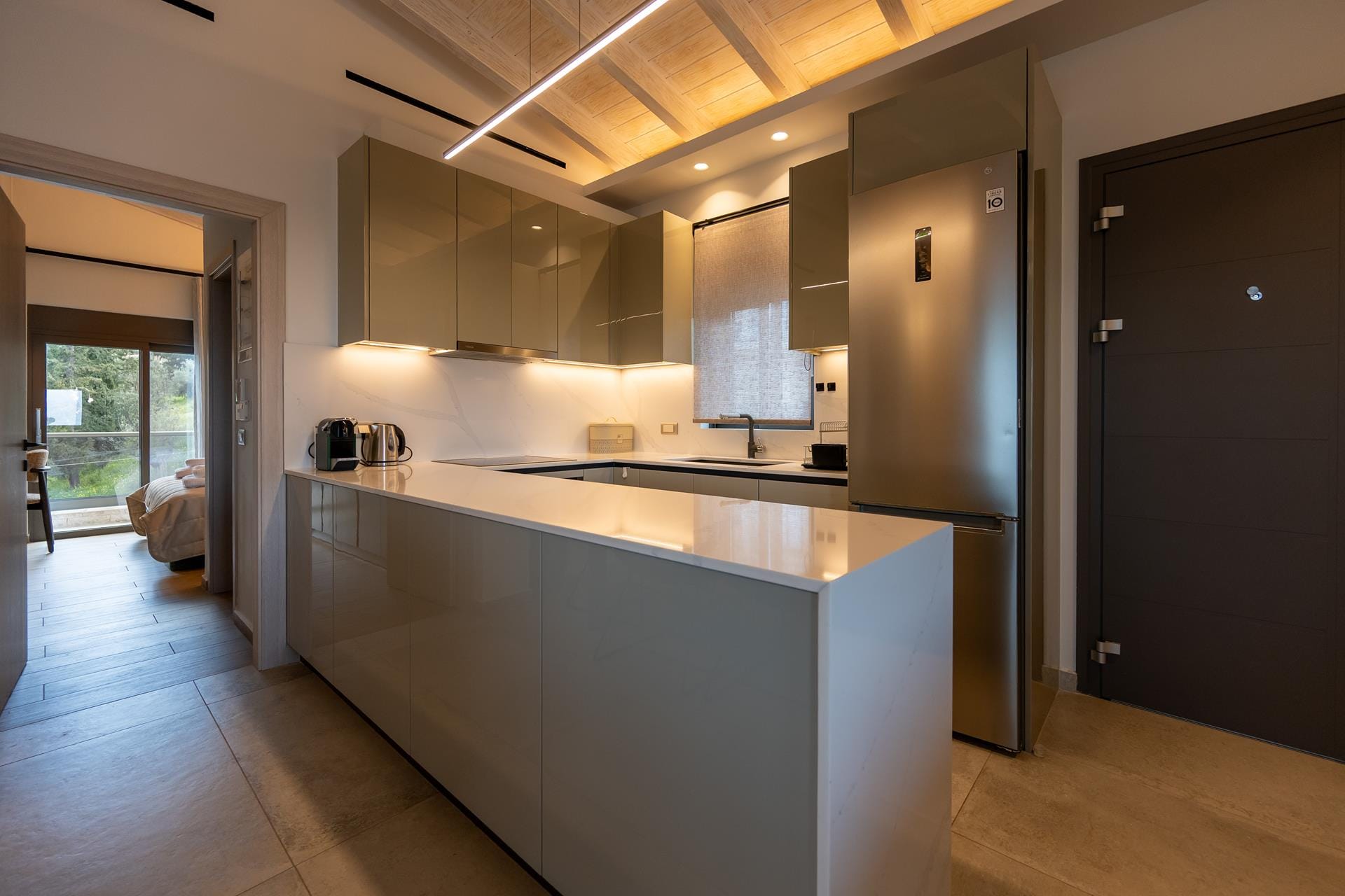 a kitchen with a large island