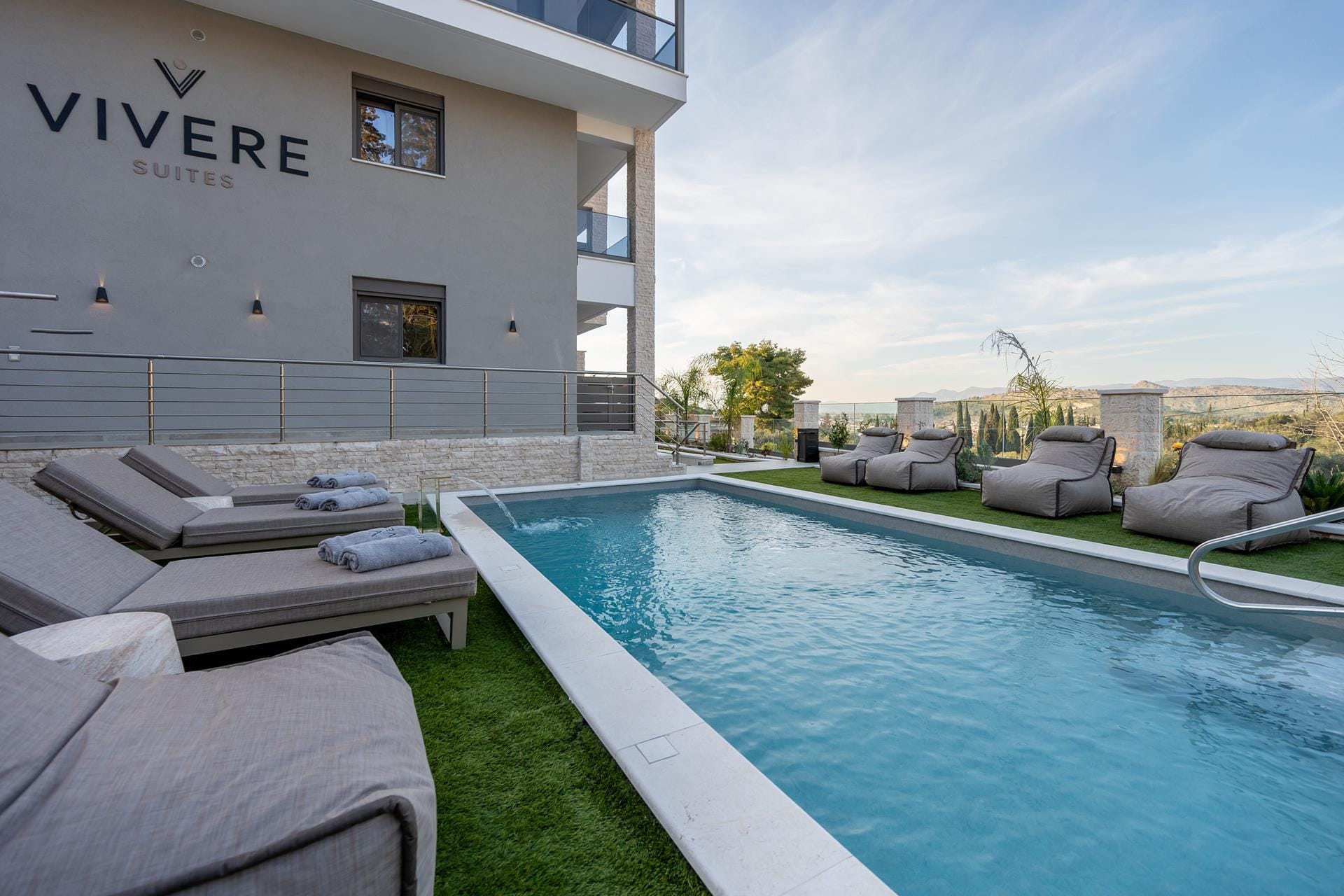 a swimming pool outside a building