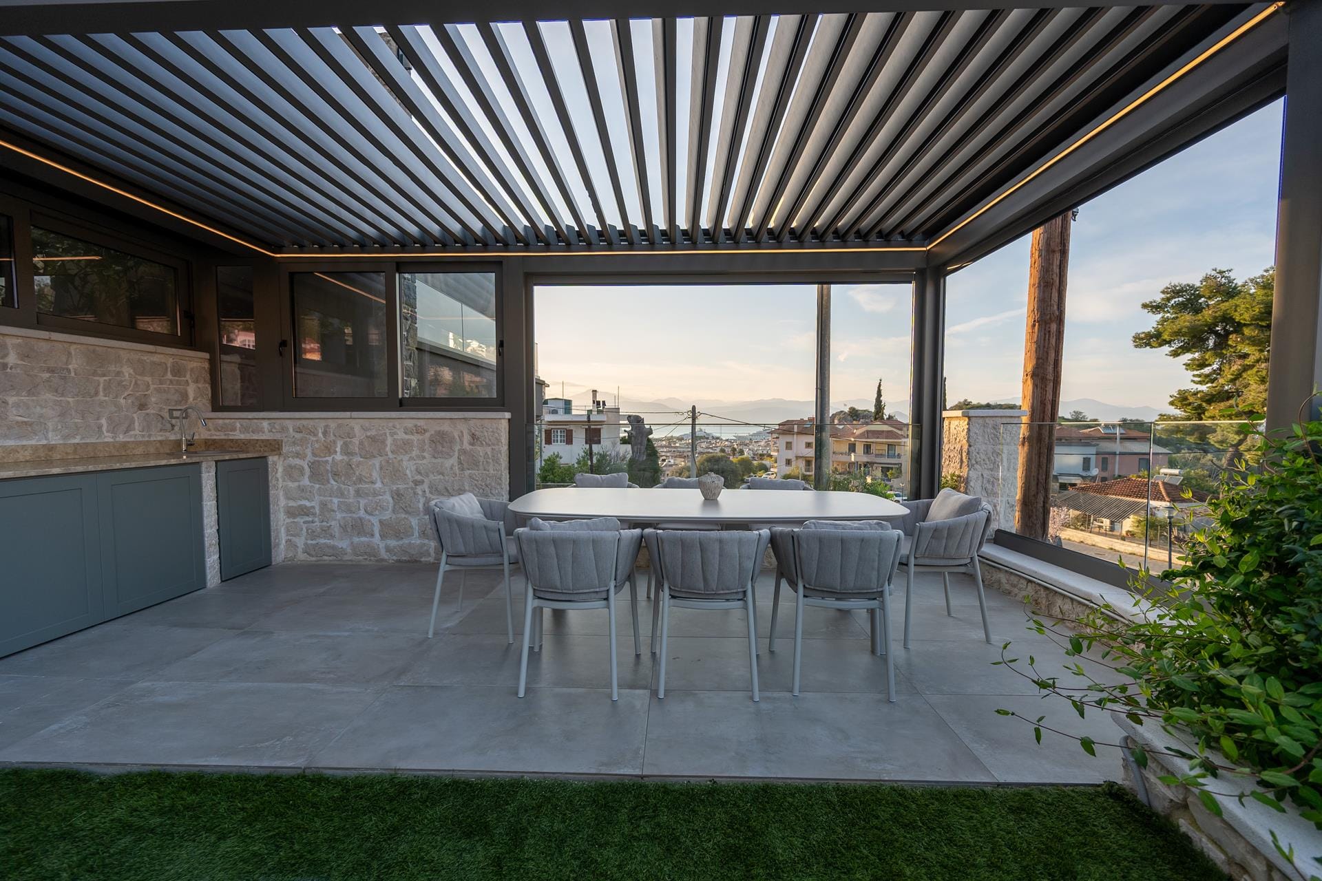 a table and chairs on a deck